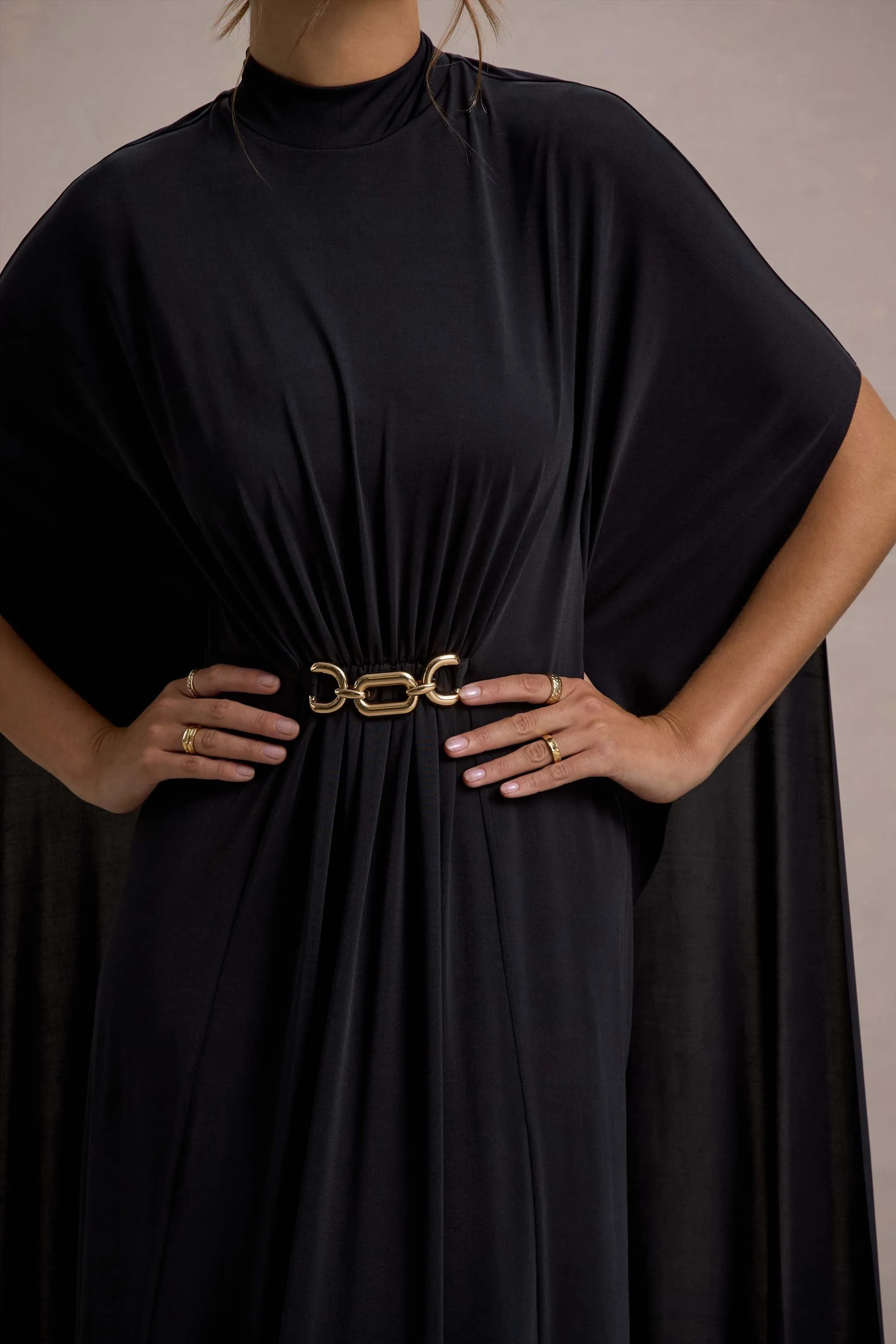 Olessia | Black Belted Gathered Cape-Sleeve Maxi Dress