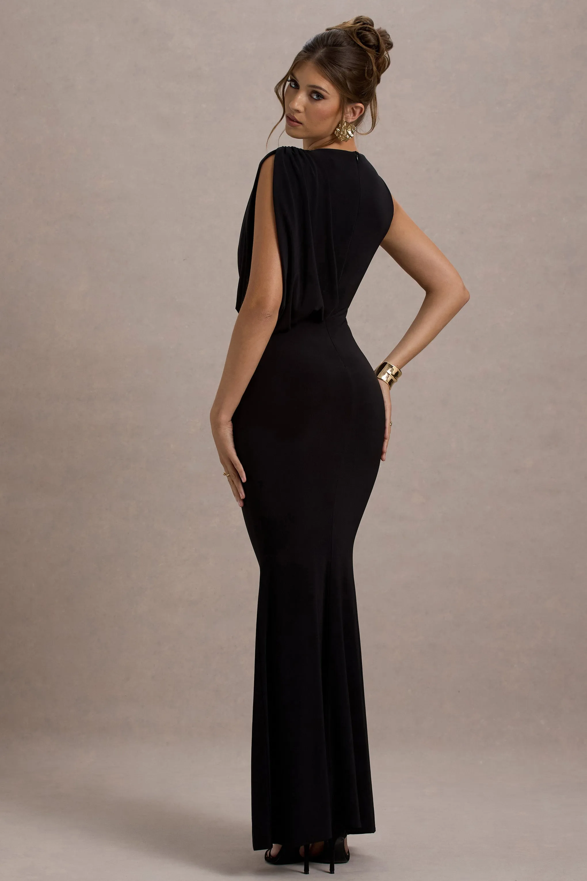 Paphos | Black Draped Sleeveless Maxi Dress