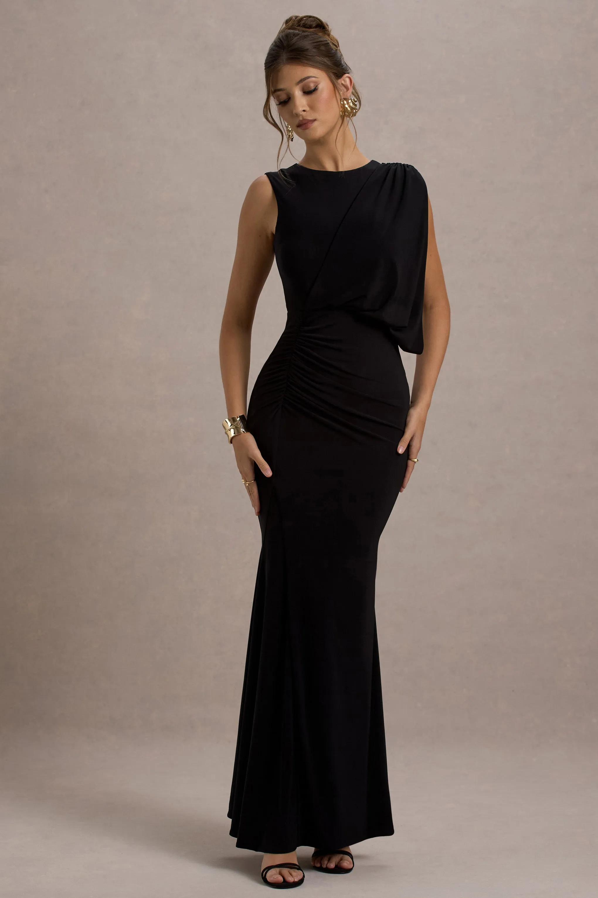 Paphos | Black Draped Sleeveless Maxi Dress