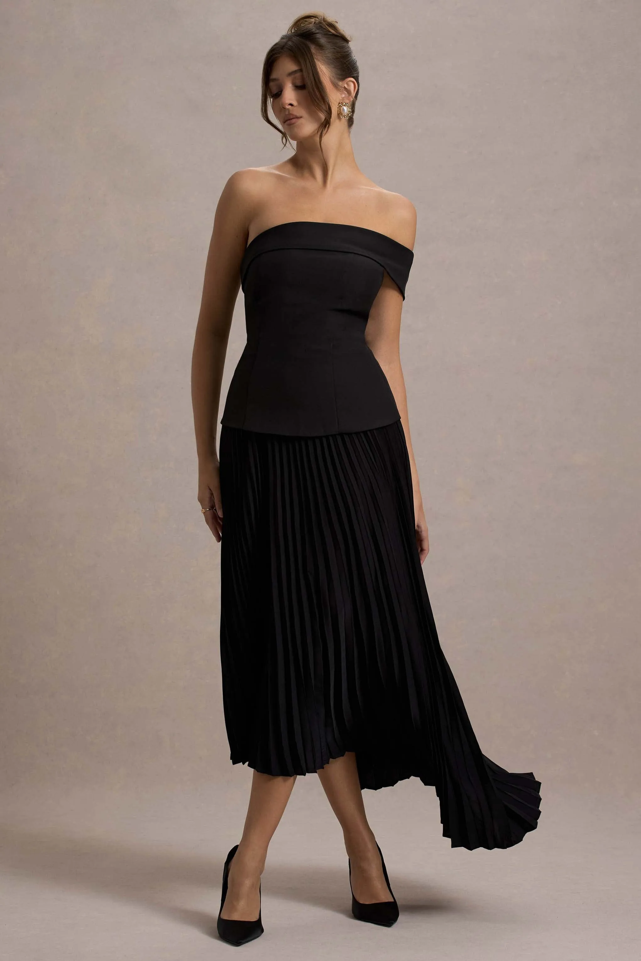 Pauline | Black Bardot Tailored Maxi Dress With Plisse Skirt