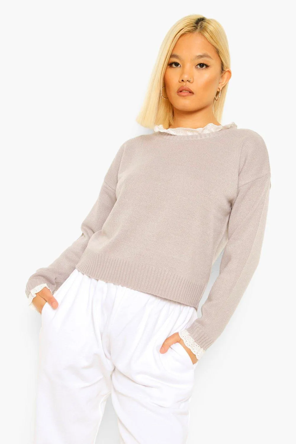 Petite Woven Ruffle Collar Knitted Sweater