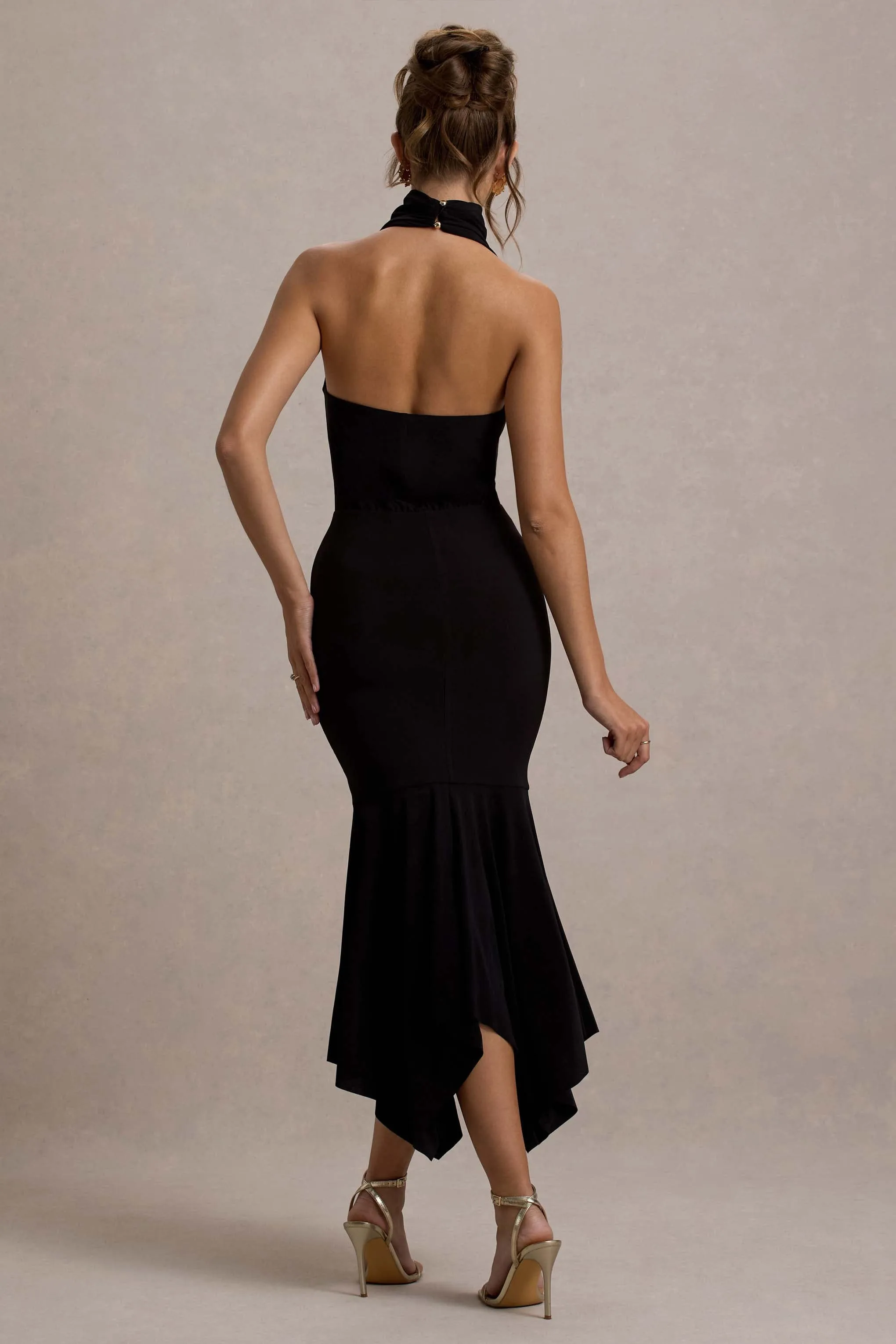 Prianyka |  Black High-Neck Draped Maxi Dress