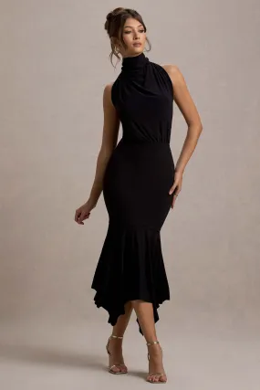 Prianyka |  Black High-Neck Draped Maxi Dress