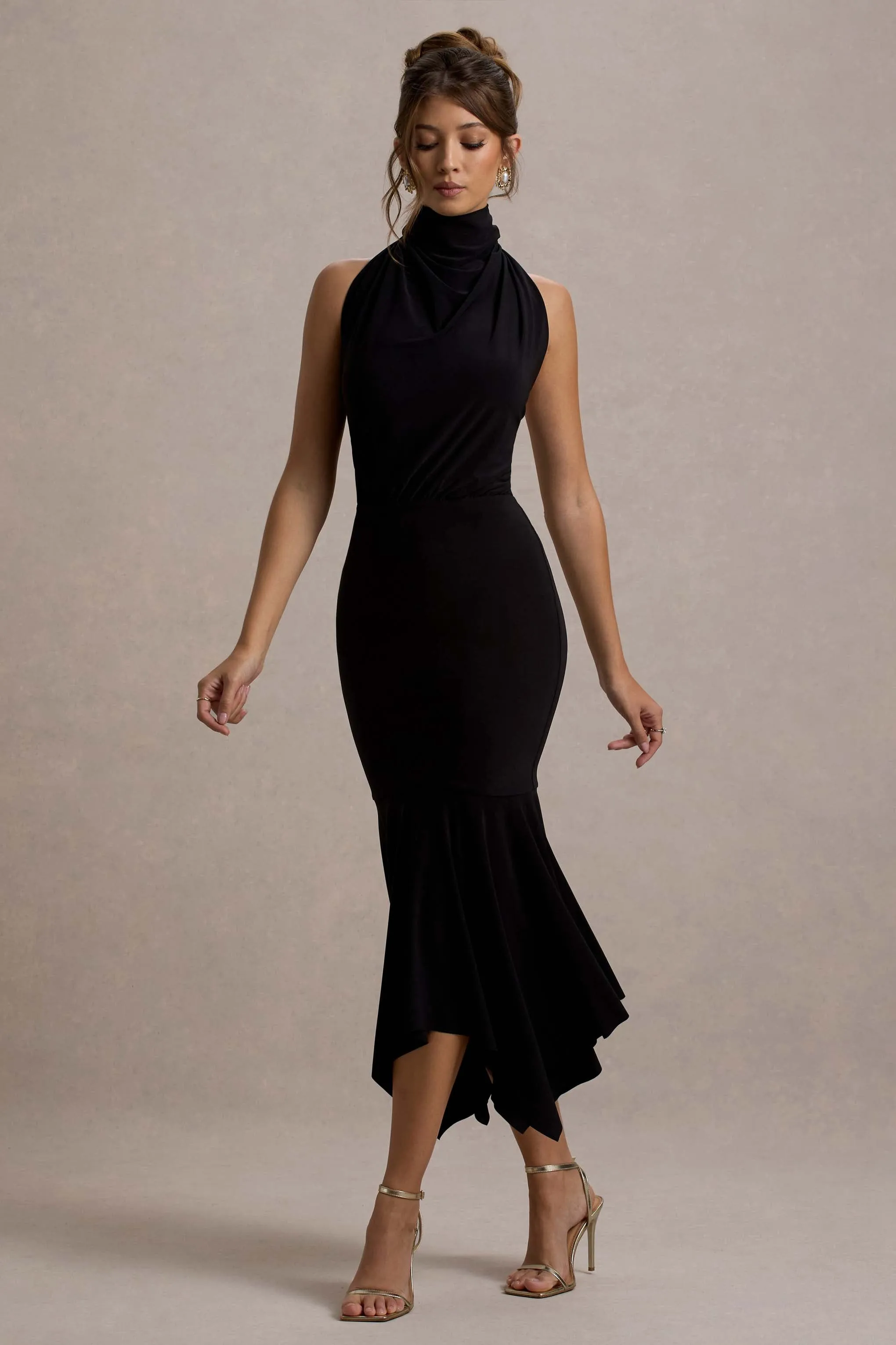 Prianyka |  Black High-Neck Draped Maxi Dress