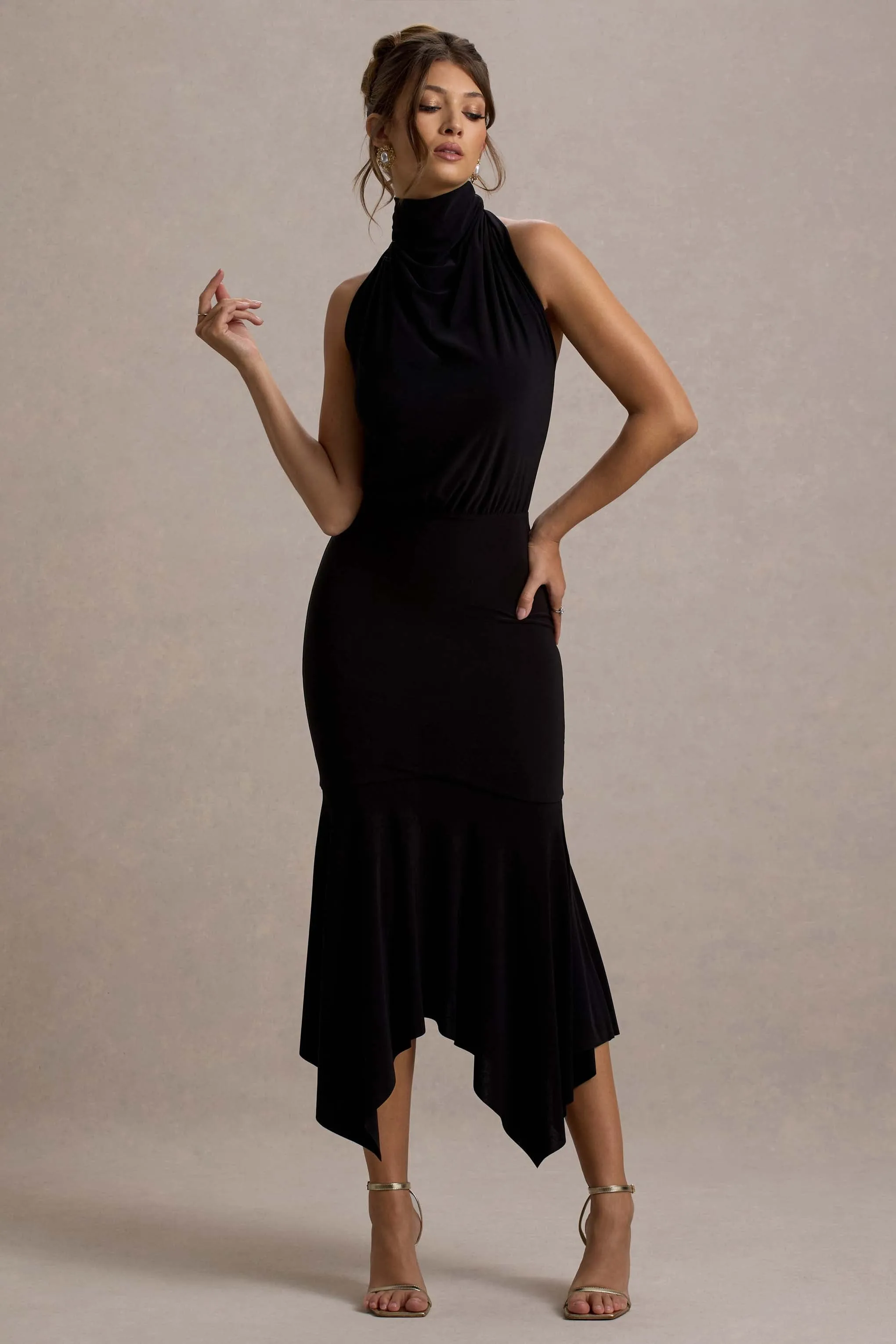 Prianyka |  Black High-Neck Draped Maxi Dress