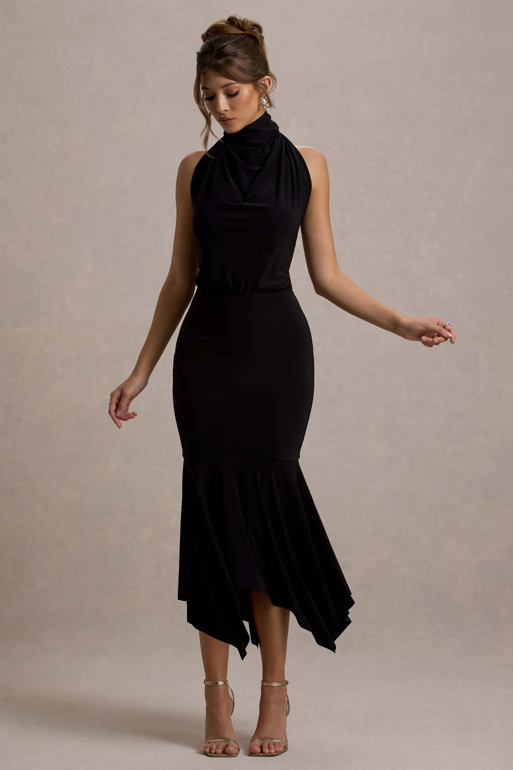 Prianyka |  Black High-Neck Draped Maxi Dress