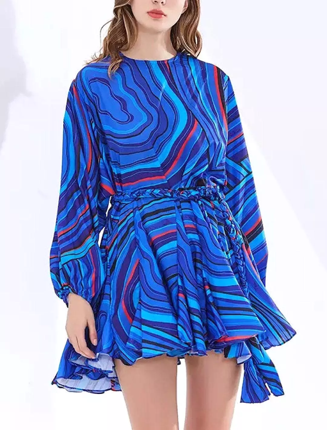 Printed Ruffled and Frilled Skirt Belted Short Dress