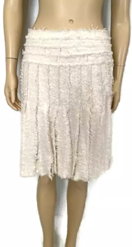 Rare Chanel 04C, 2004 Cruise Resort Ecru Tweed Fringe Skirt FR 38