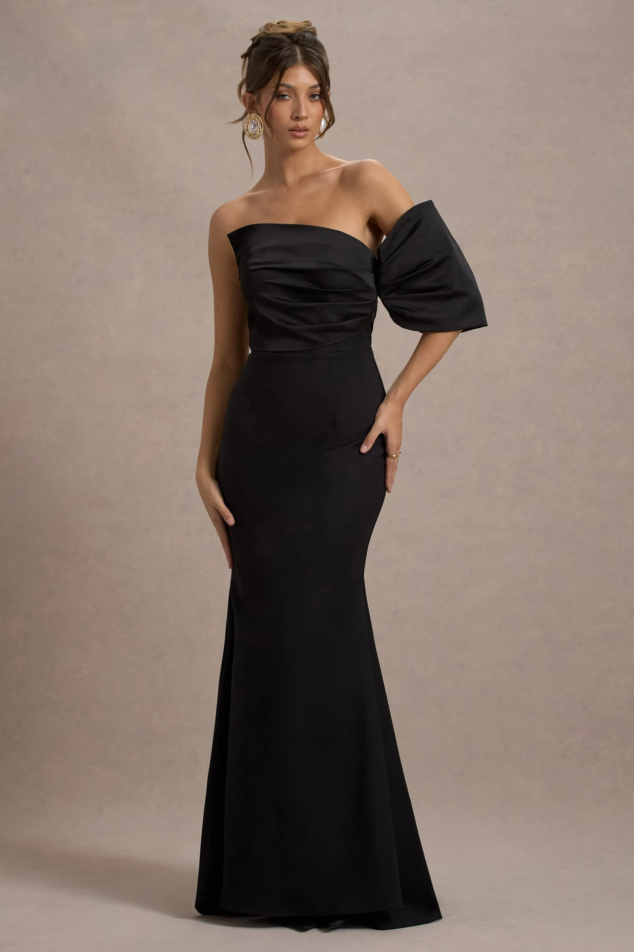 Rosora | Black Asymmetric One-Sleeve Fishtail Maxi Dress