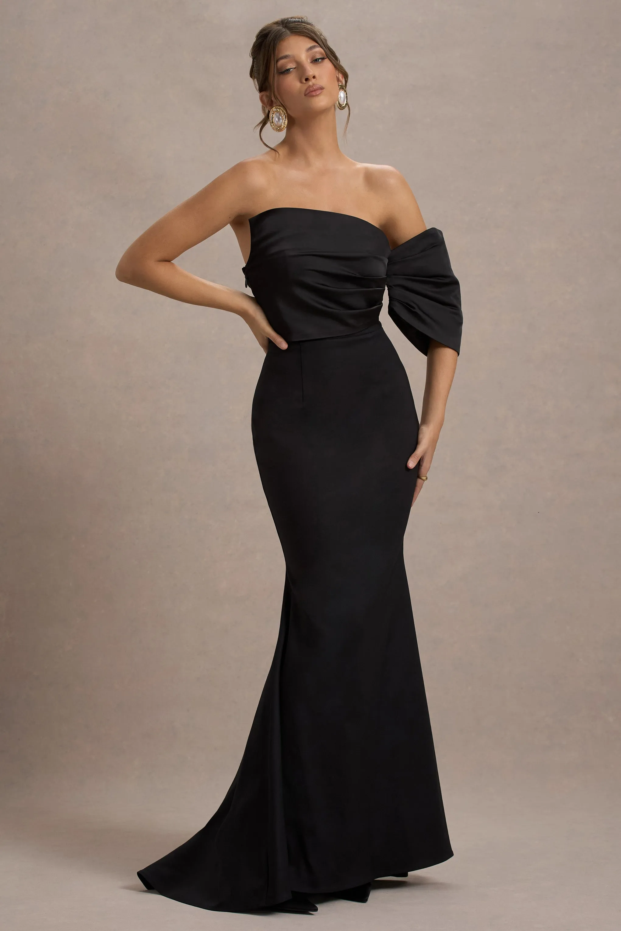 Rosora | Black Asymmetric One-Sleeve Fishtail Maxi Dress