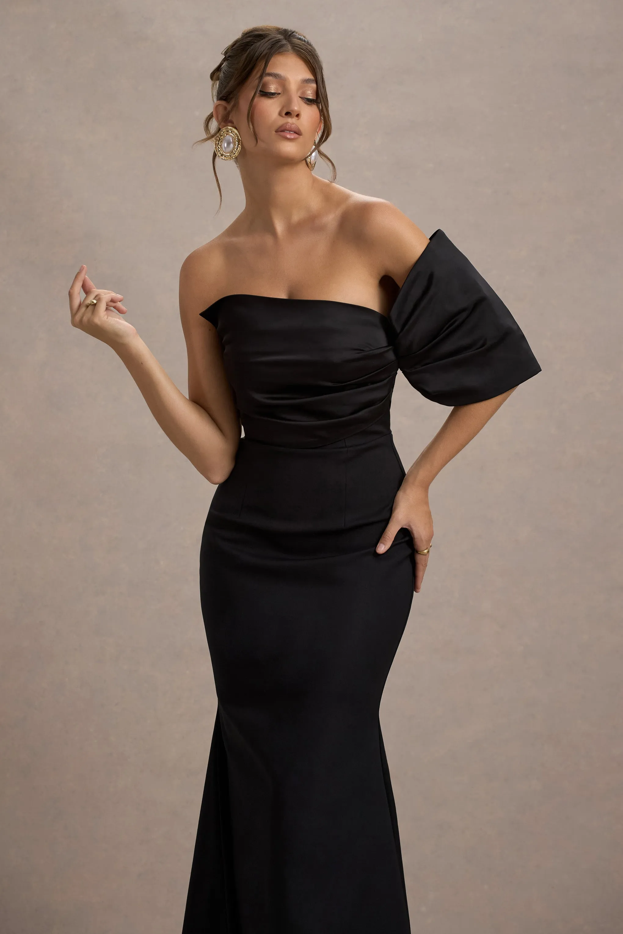 Rosora | Black Asymmetric One-Sleeve Fishtail Maxi Dress