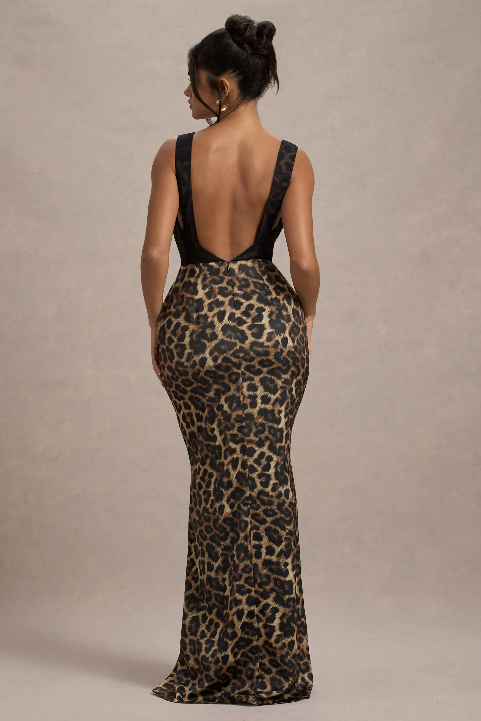 Sahara | Leopard Print Satin V-Neck Maxi Dress With Black Lace Trim