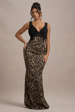 Sahara | Leopard Print Satin V-Neck Maxi Dress With Black Lace Trim