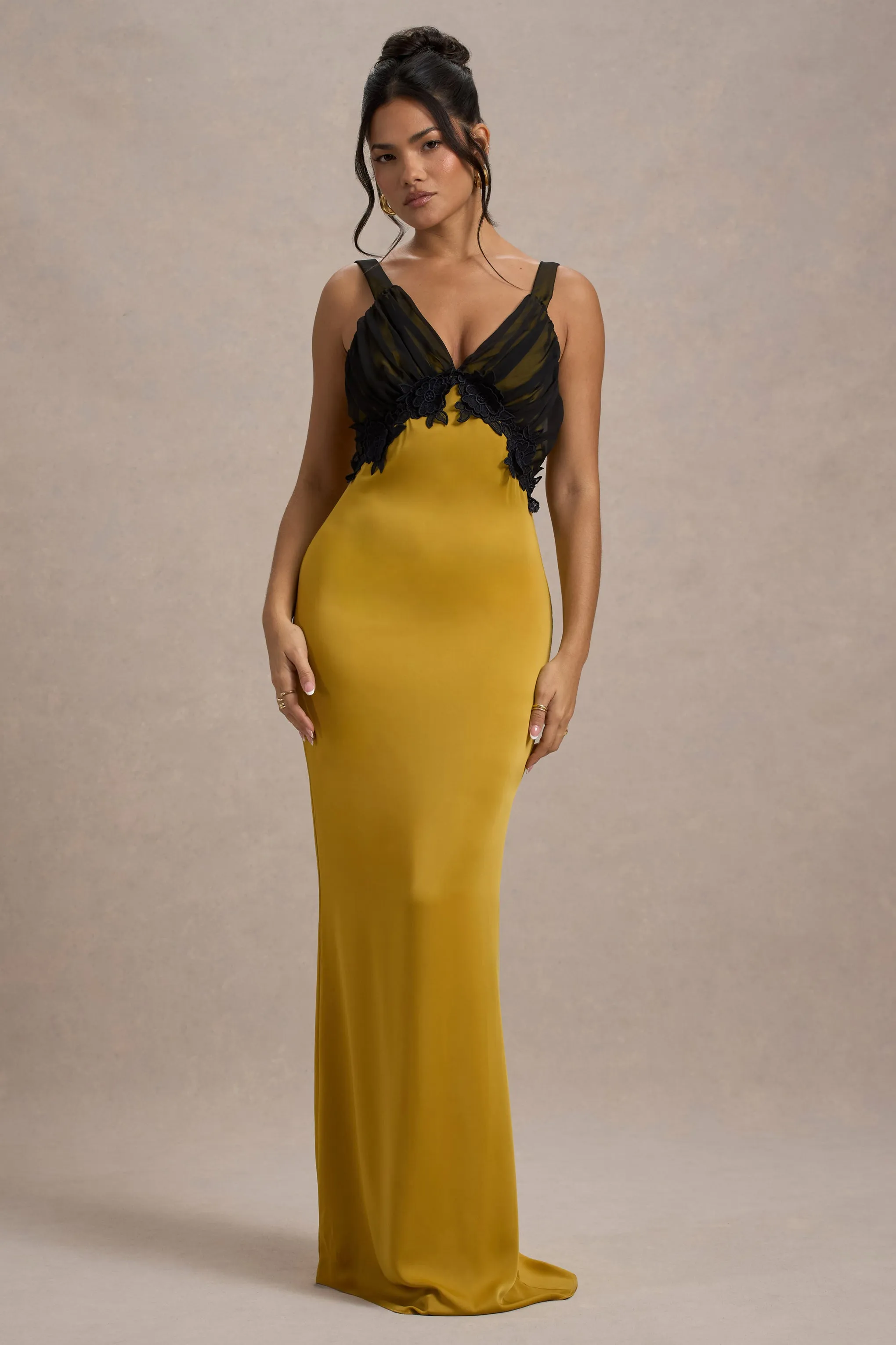 Sahara | Mustard Satin V-Neck Maxi Dress With Black Lace Trim