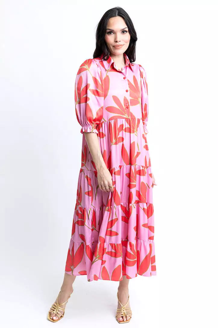 Satin Palm Tier Maxi Dress