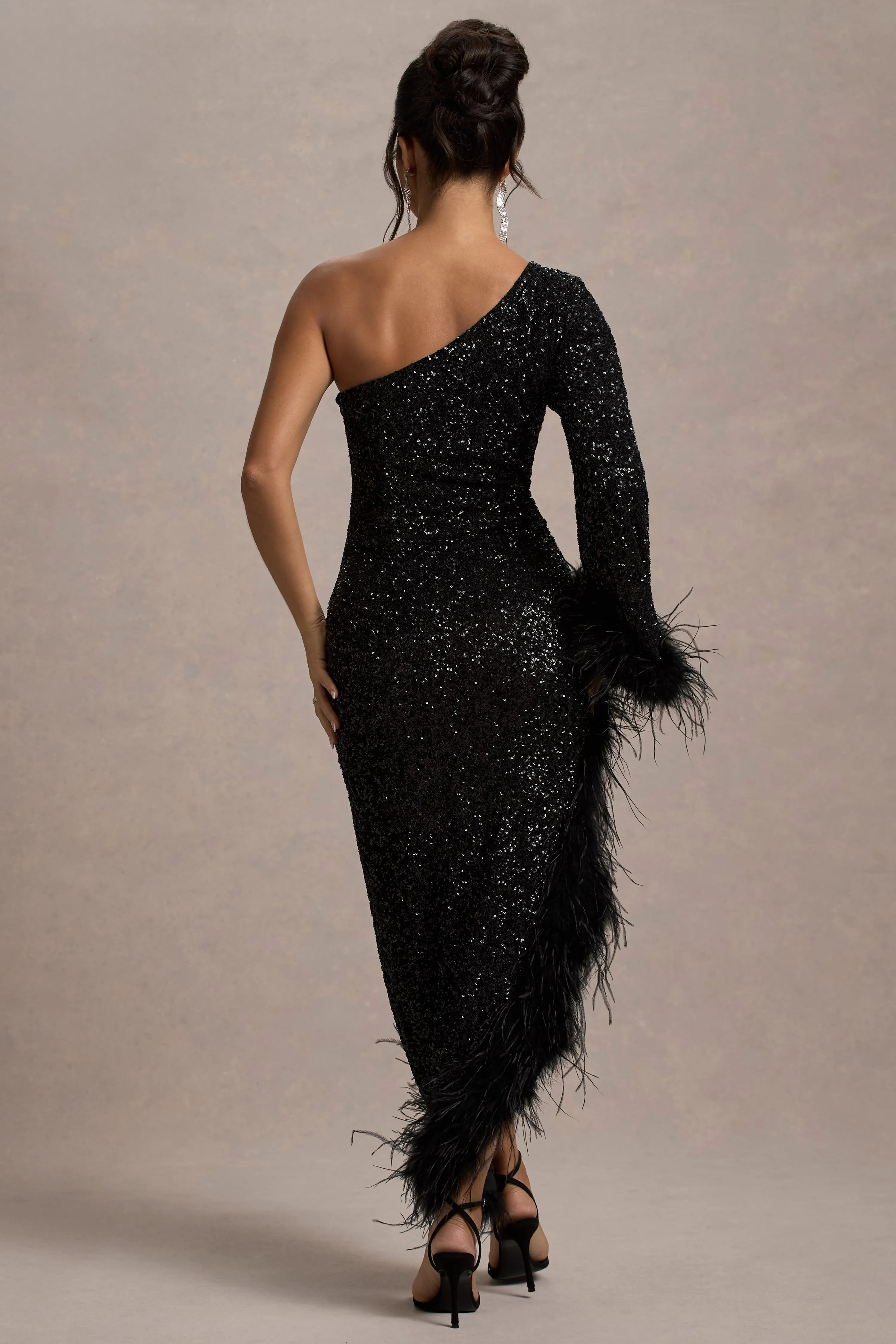 Shadow | Black Sequin One-Shoulder Feather Trim Maxi Dress