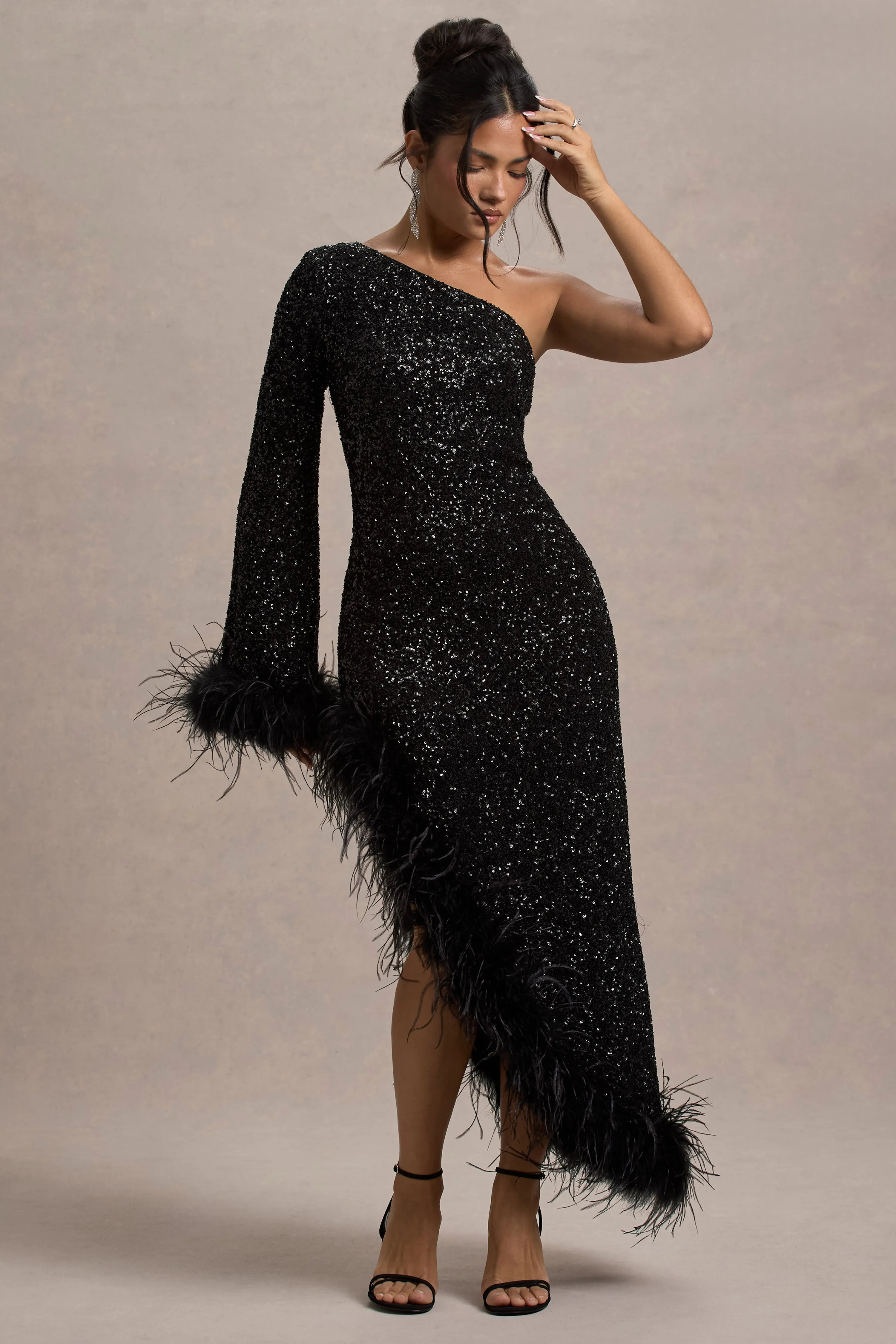 Shadow | Black Sequin One-Shoulder Feather Trim Maxi Dress