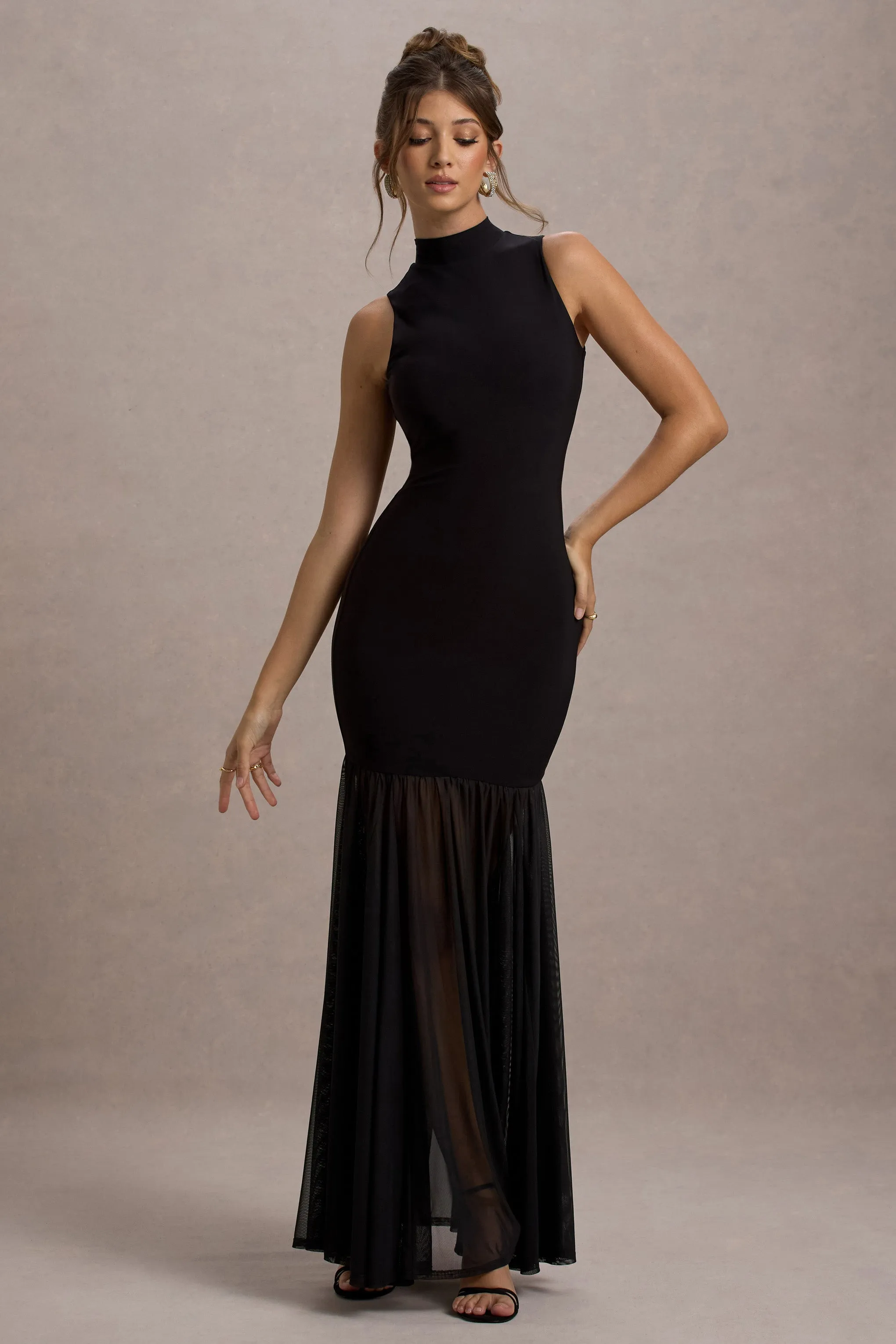 Shae | Black High-Neck Maxi Dress With Sheer Skirt