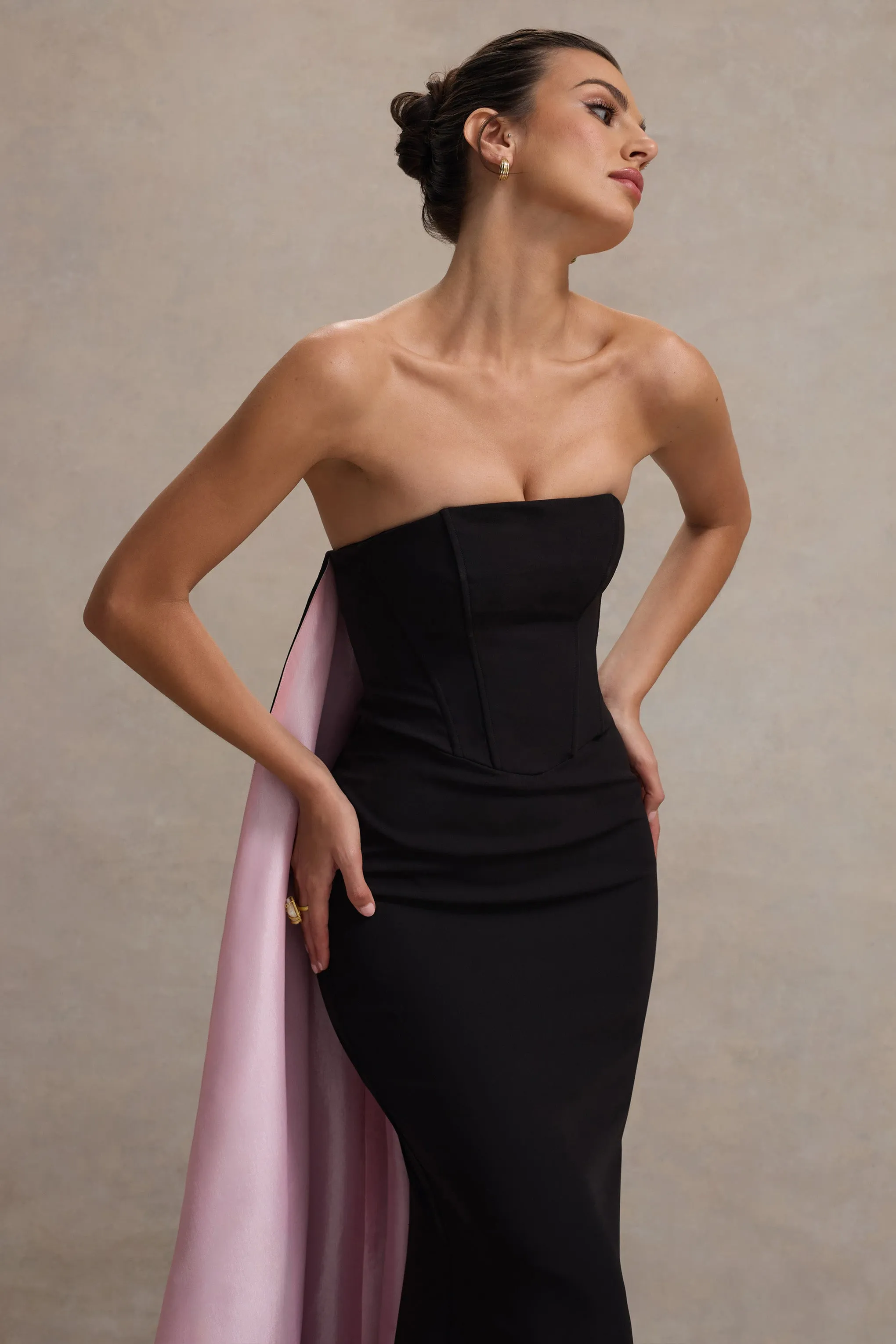 She's Trouble | Black Bandeau Maxi Dress With Pink Cape