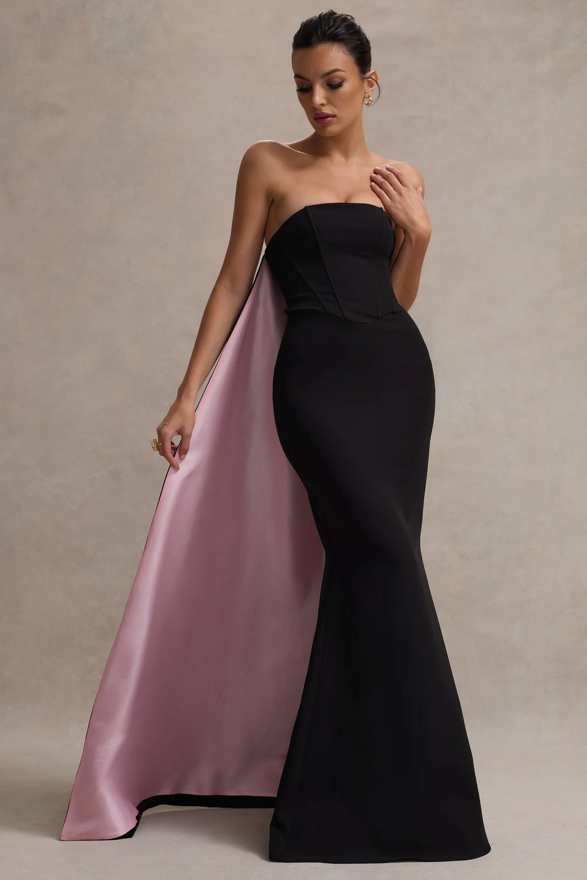 She's Trouble | Black Bandeau Maxi Dress With Pink Cape