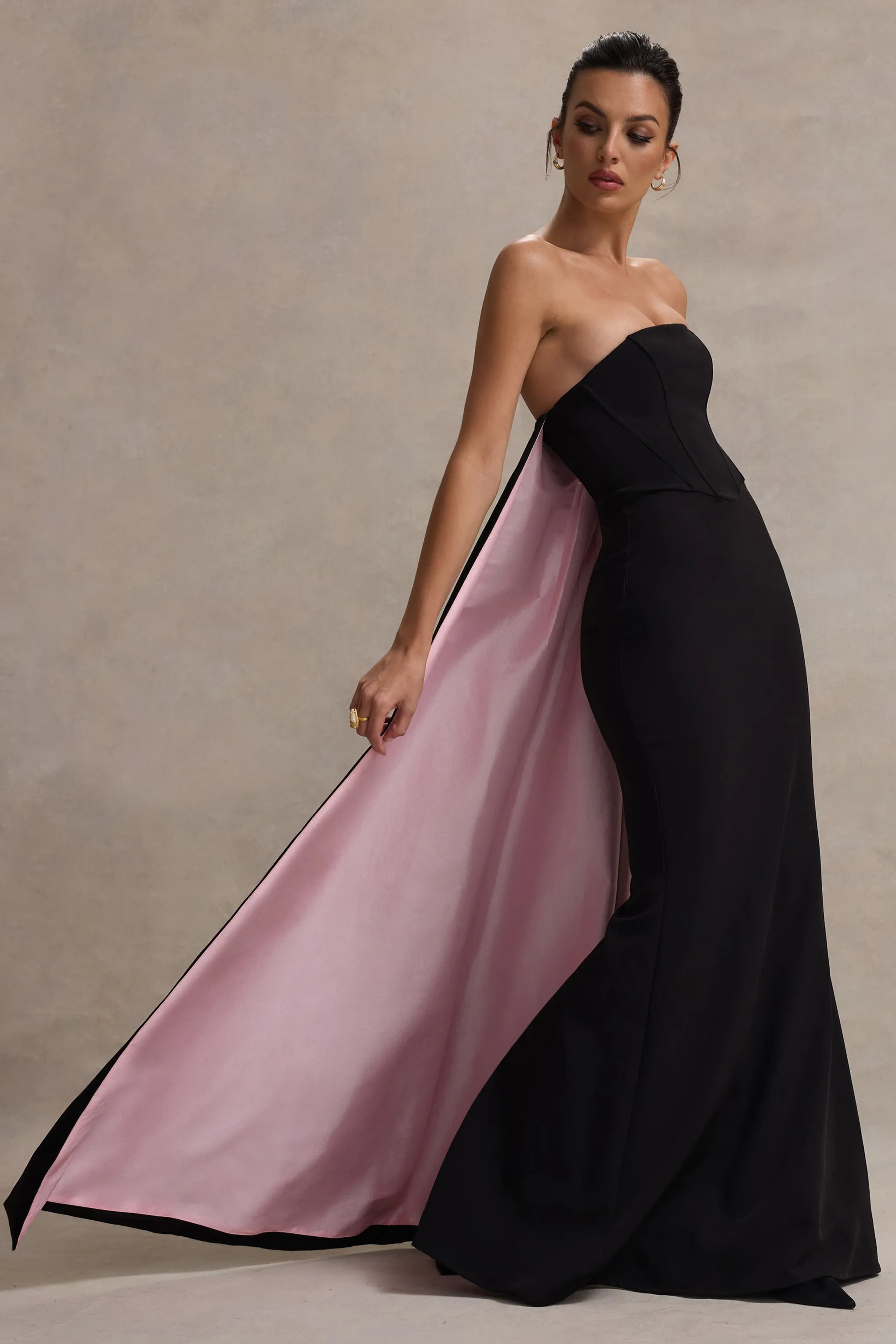 She's Trouble | Black Bandeau Maxi Dress With Pink Cape