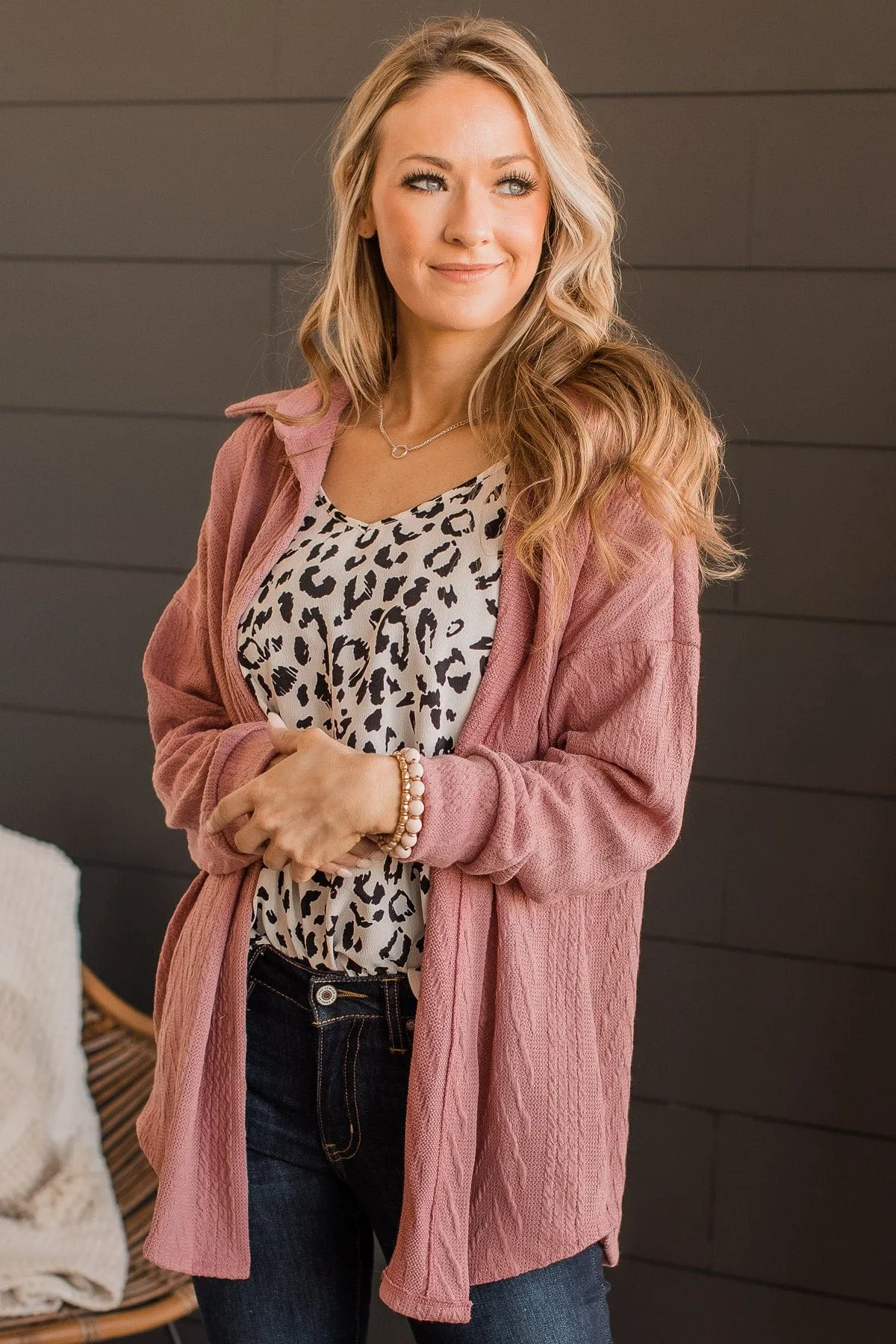 Simply Radiant Cable Knit Button Top- Mauve Pink