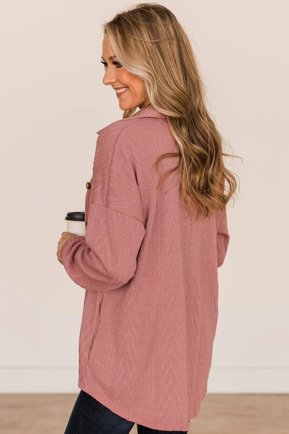 Simply Radiant Cable Knit Button Top- Mauve Pink