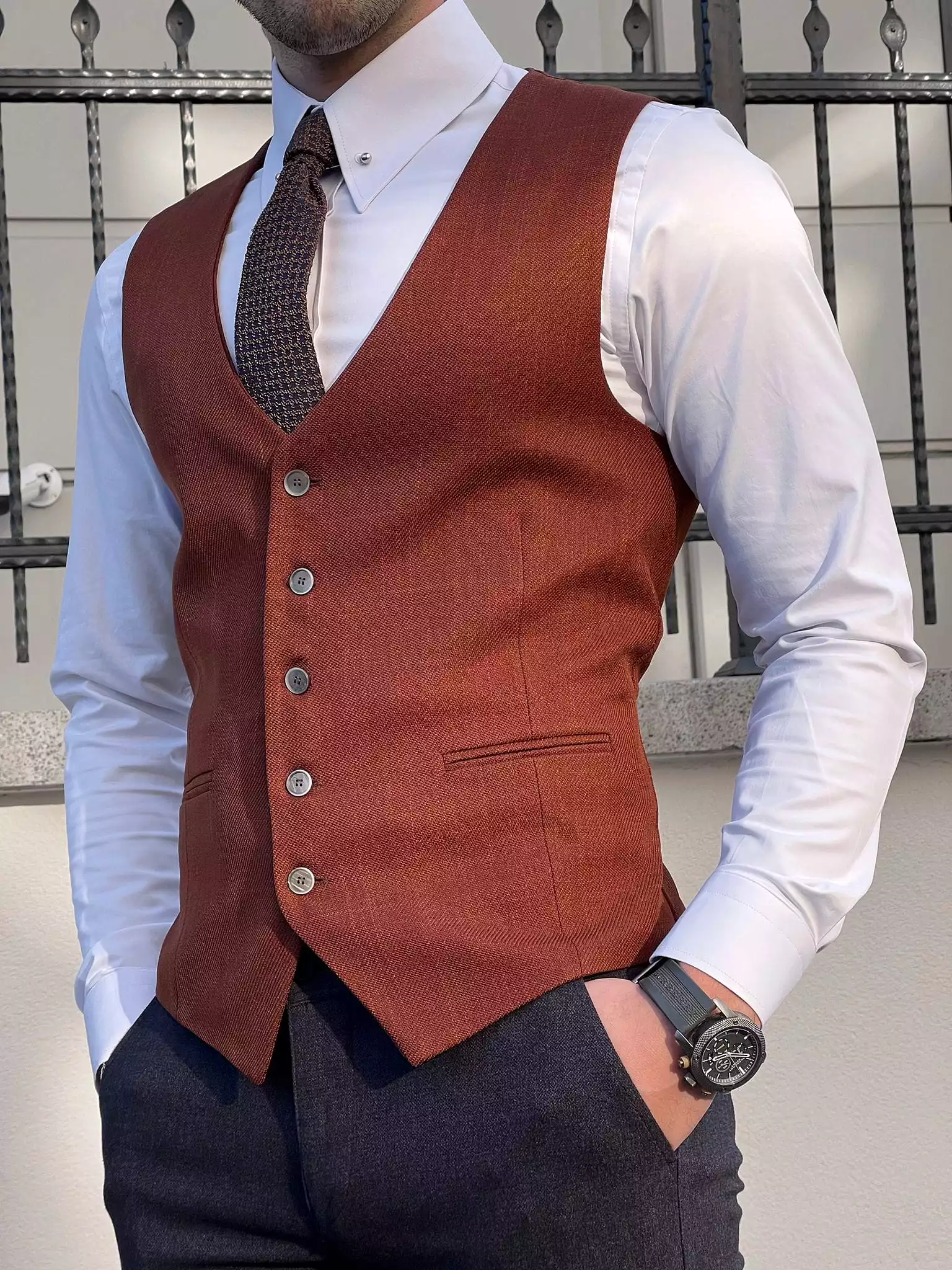 Slim Fit Wool Tile Brown Men’s Waistcoat