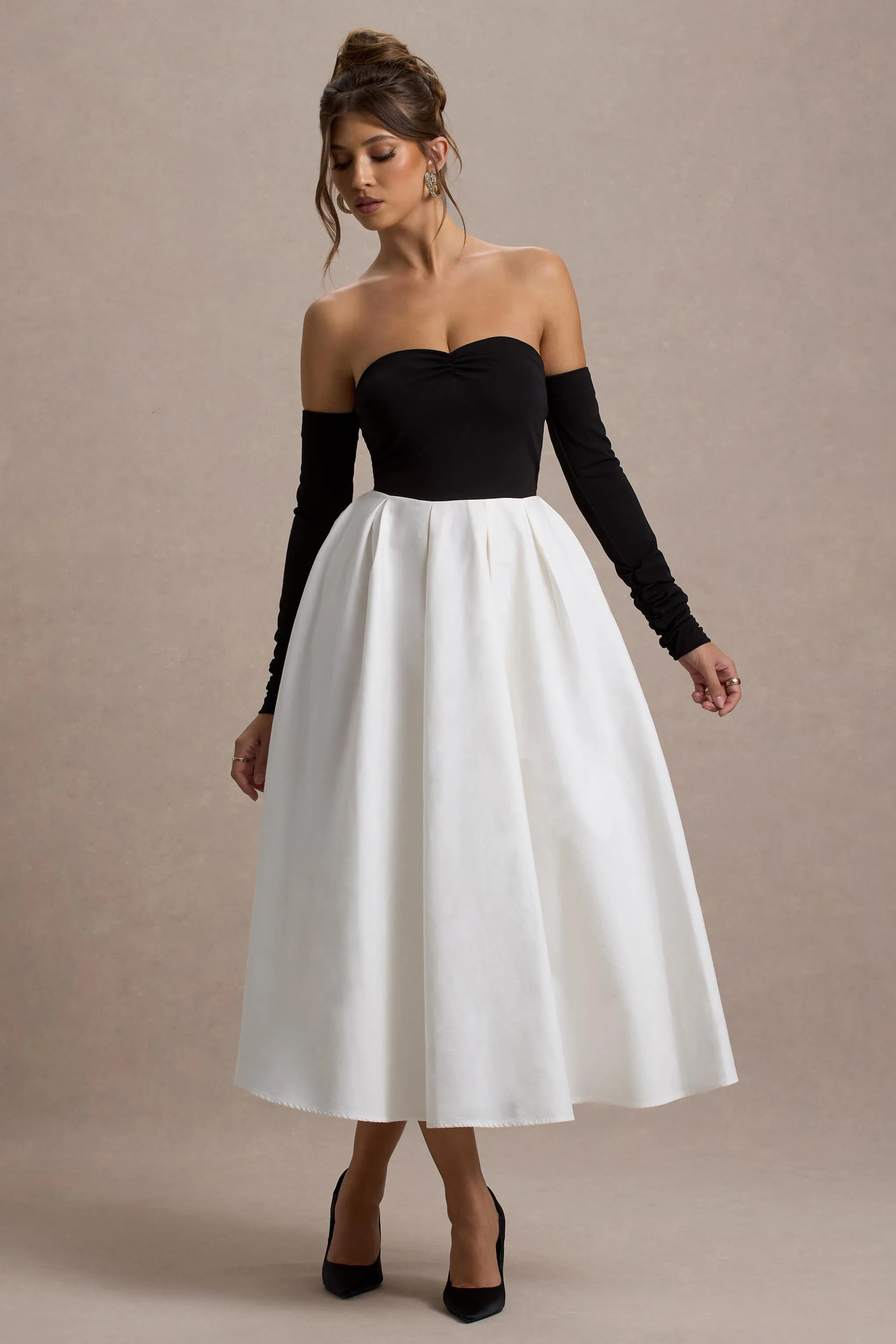 Solada | Black & Cream Bardot Pleated Maxi Dress