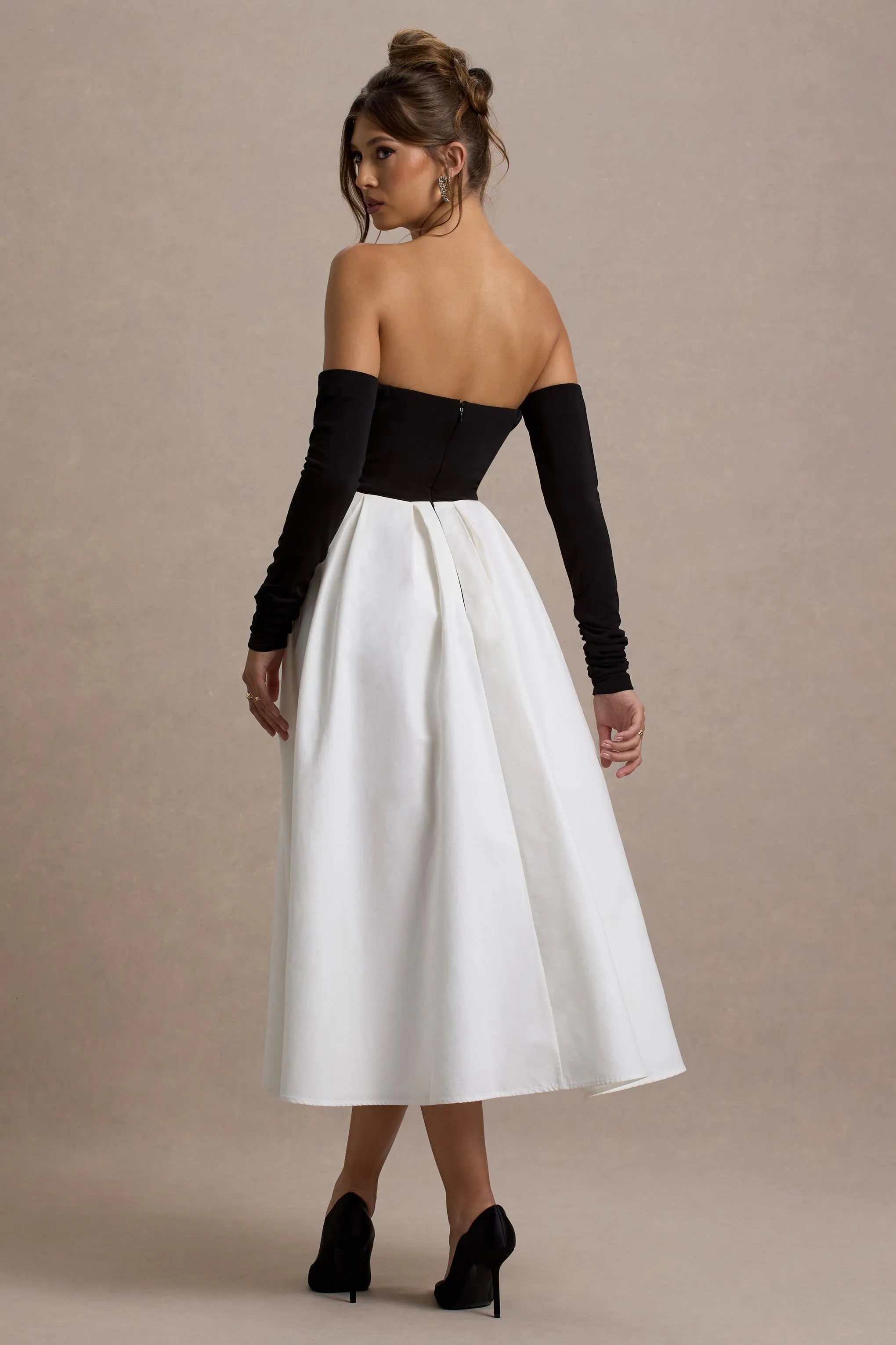 Solada | Black & Cream Bardot Pleated Maxi Dress