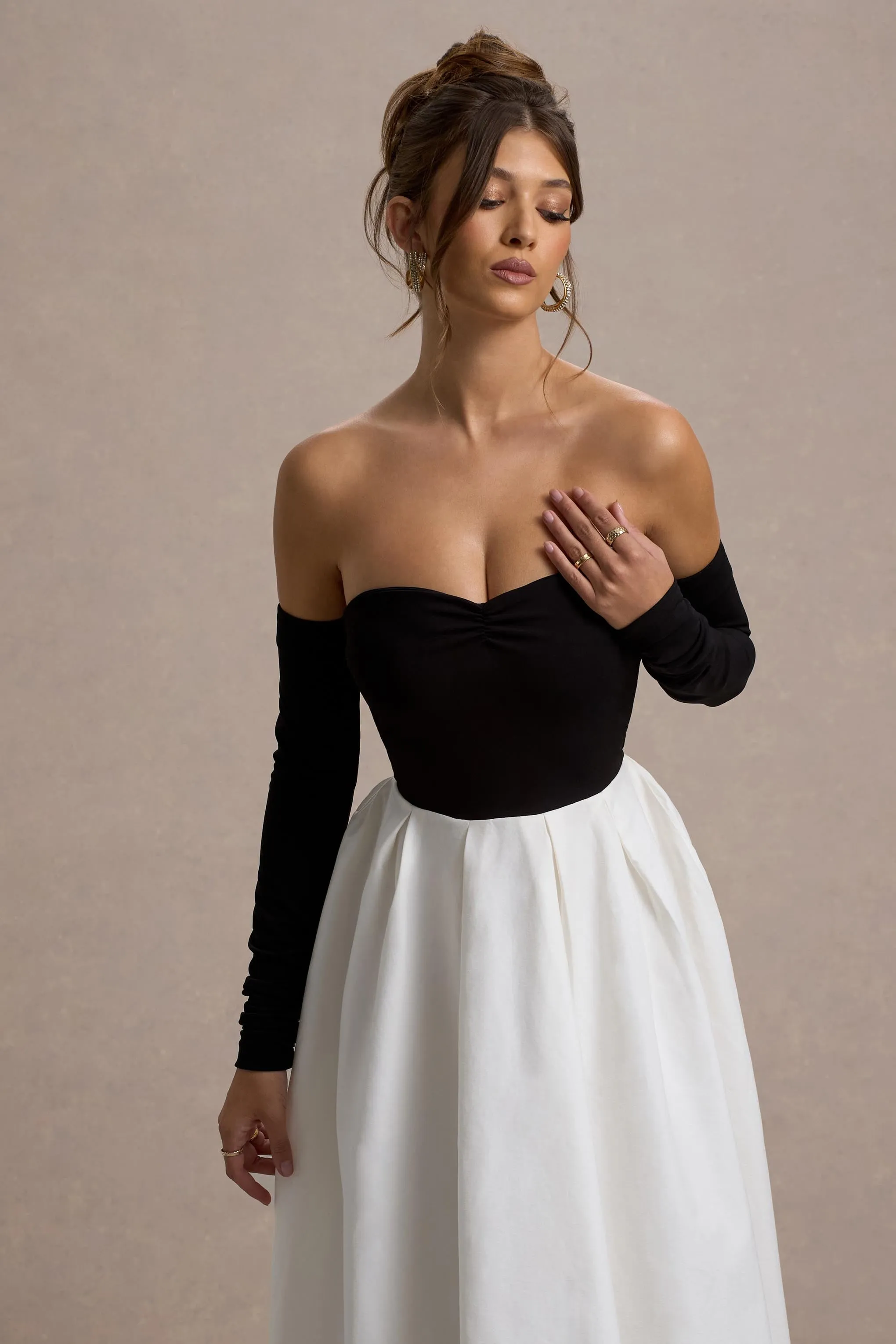 Solada | Black & Cream Bardot Pleated Maxi Dress