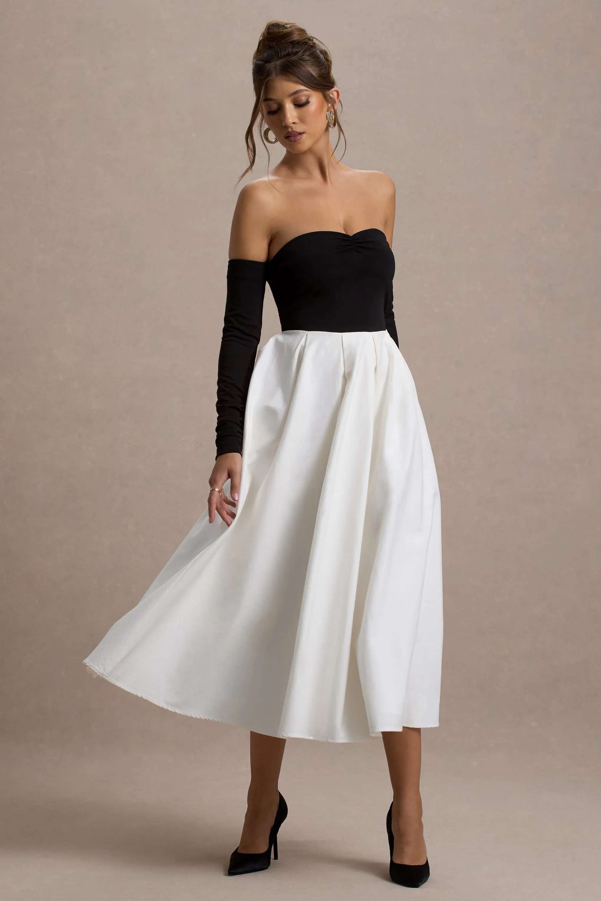 Solada | Black & Cream Bardot Pleated Maxi Dress