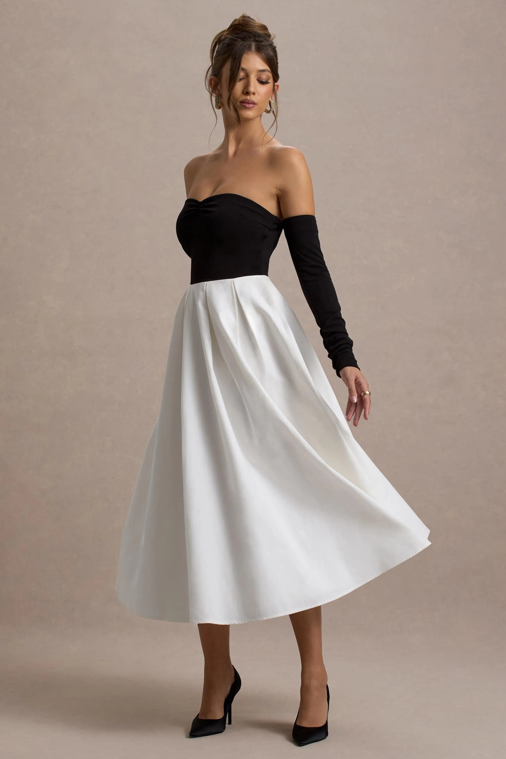 Solada | Black & Cream Bardot Pleated Maxi Dress