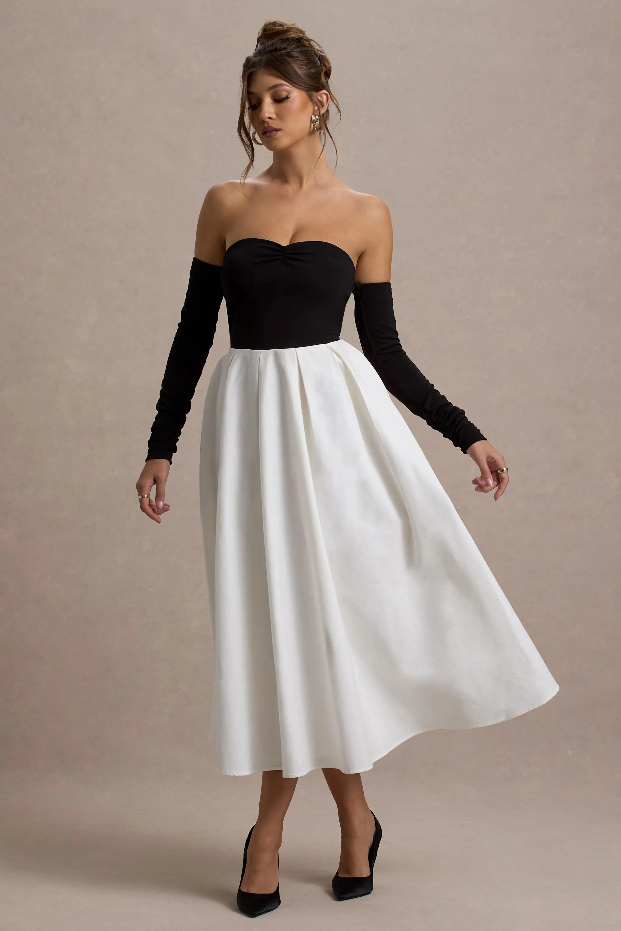 Solada | Black & Cream Bardot Pleated Maxi Dress