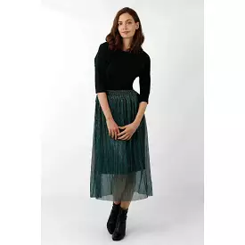 Stripe Green Metallic Pleated Skirt