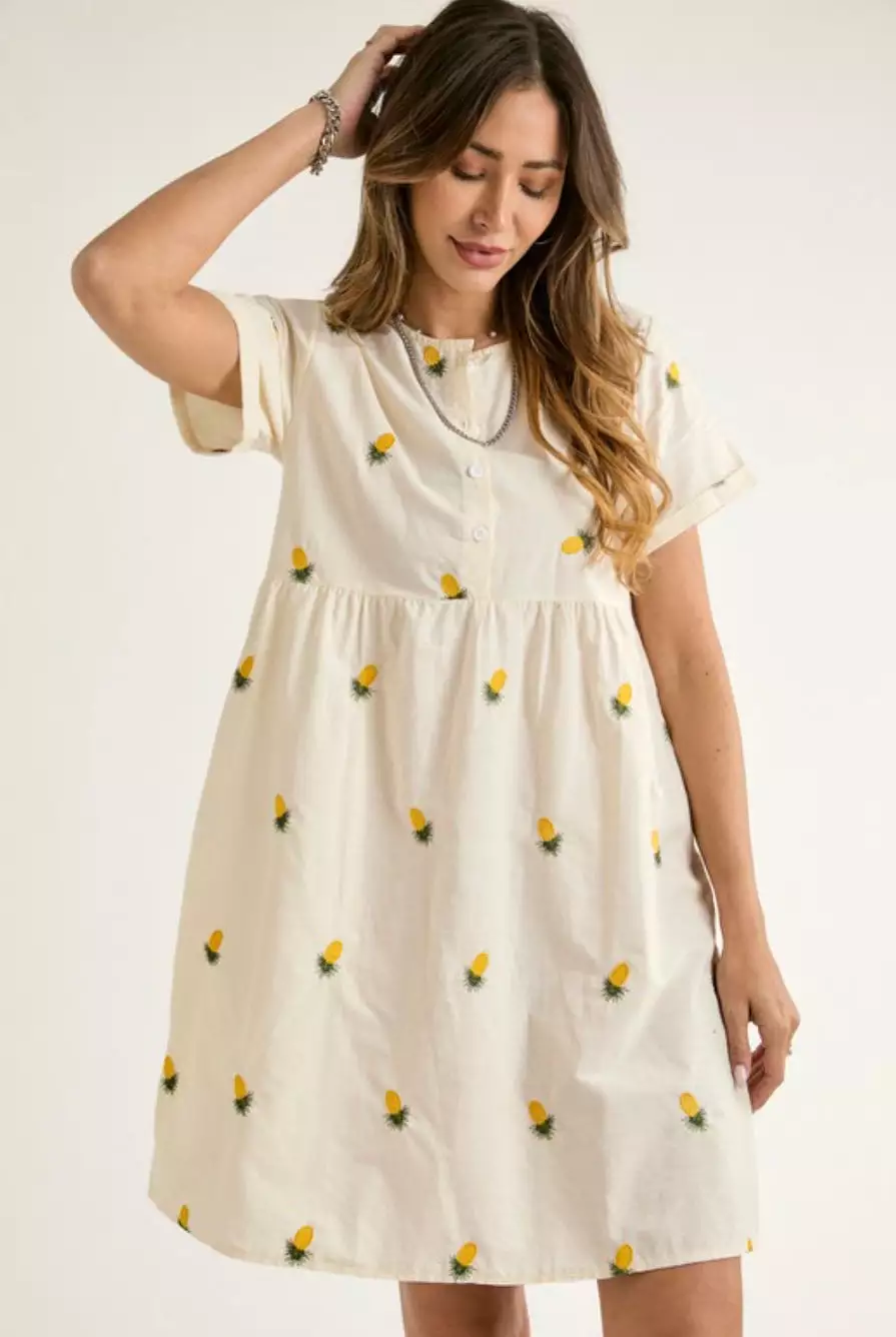 The Embroidered Pineapple Dress in Cream