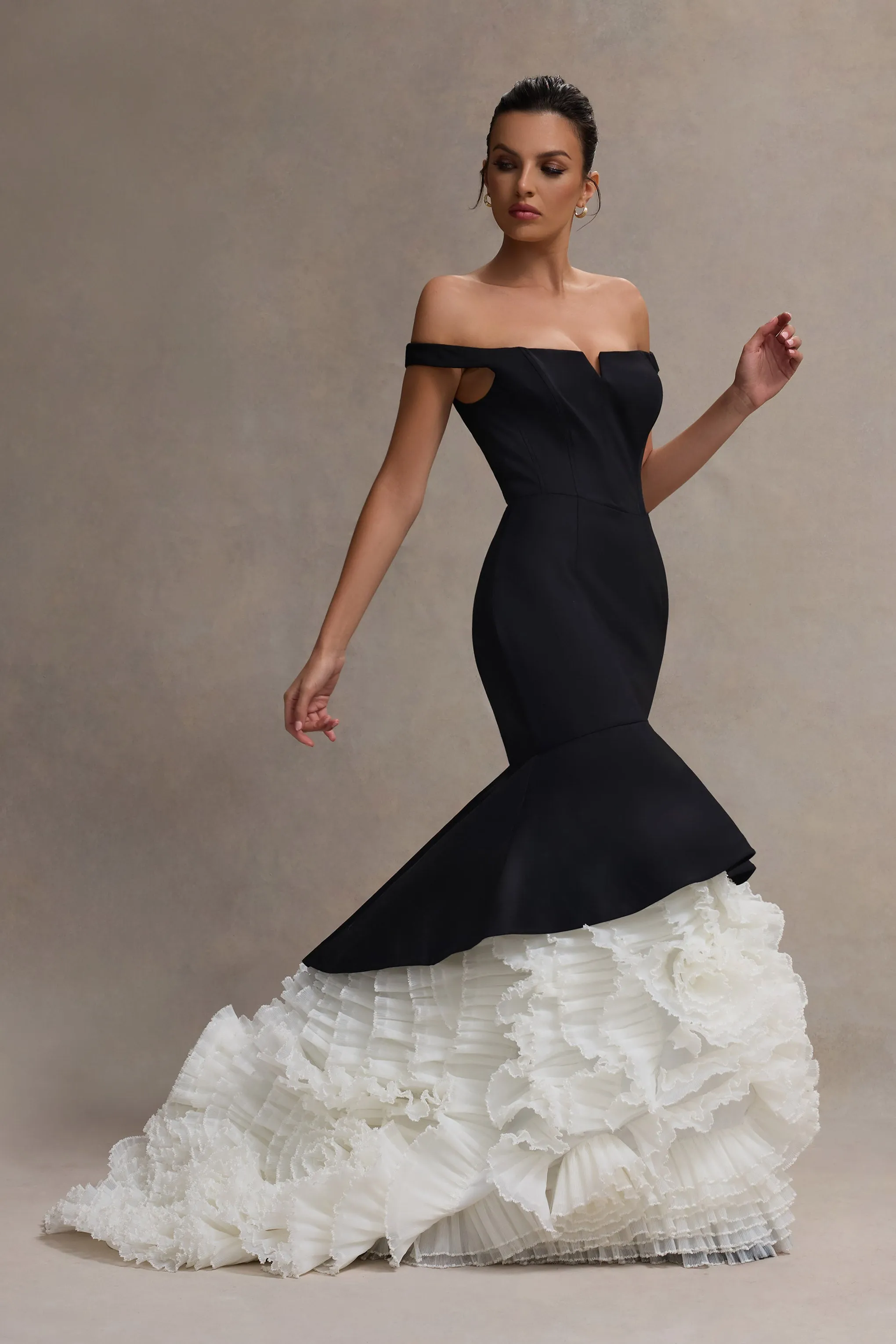 The Greatest | Black & Cream Bardot Maxi Dress With Tulle Skirt