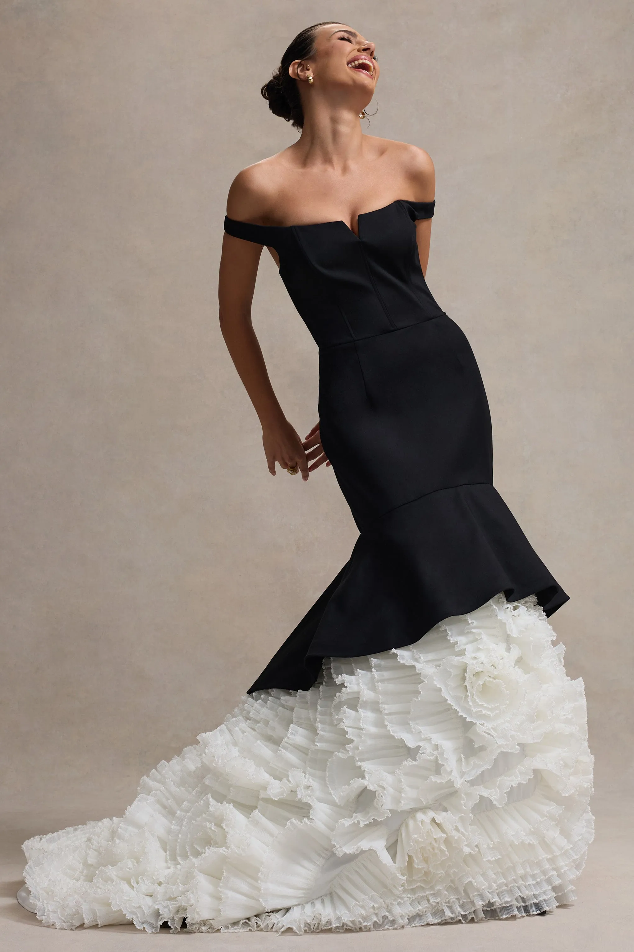 The Greatest | Black & Cream Bardot Maxi Dress With Tulle Skirt