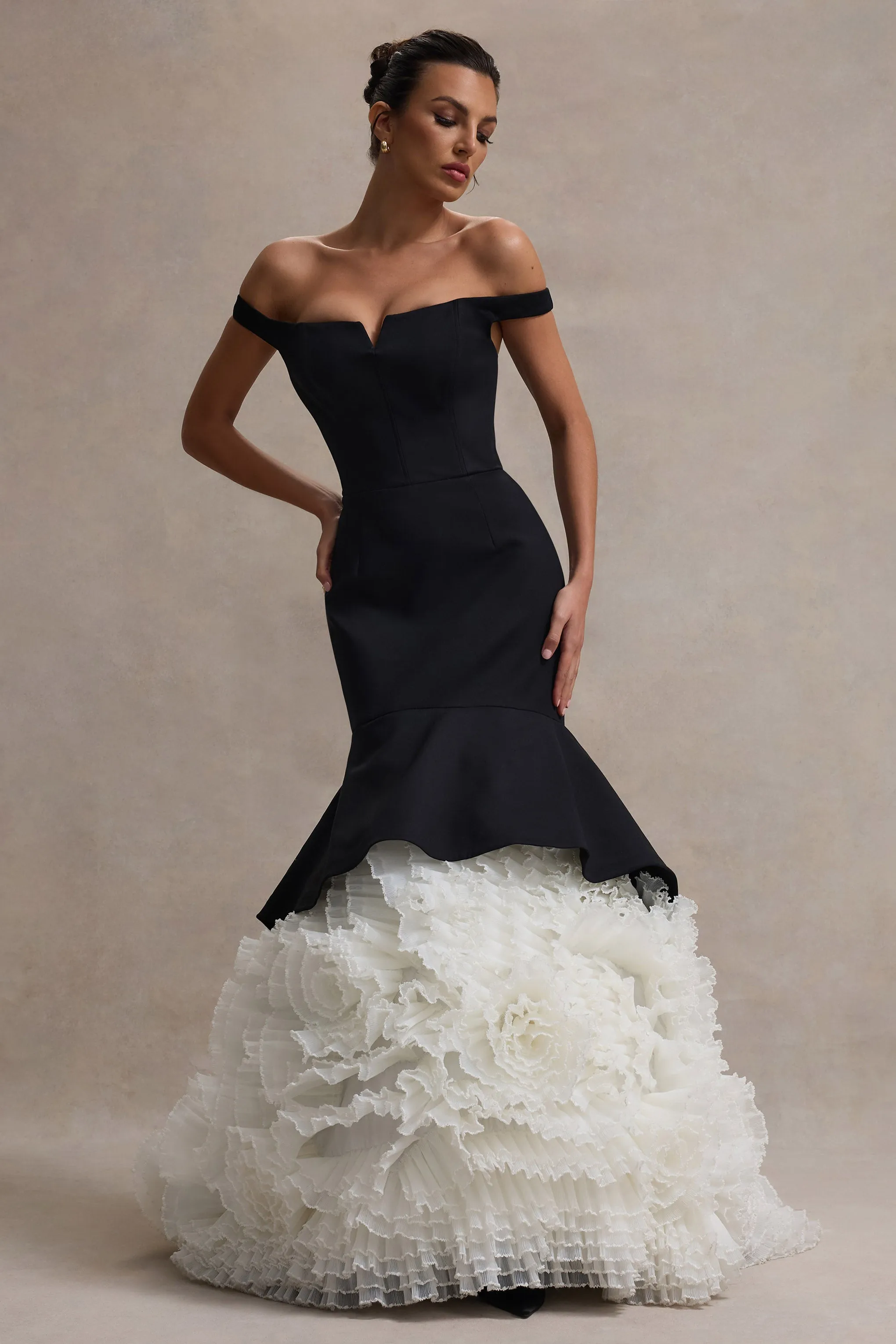 The Greatest | Black & Cream Bardot Maxi Dress With Tulle Skirt