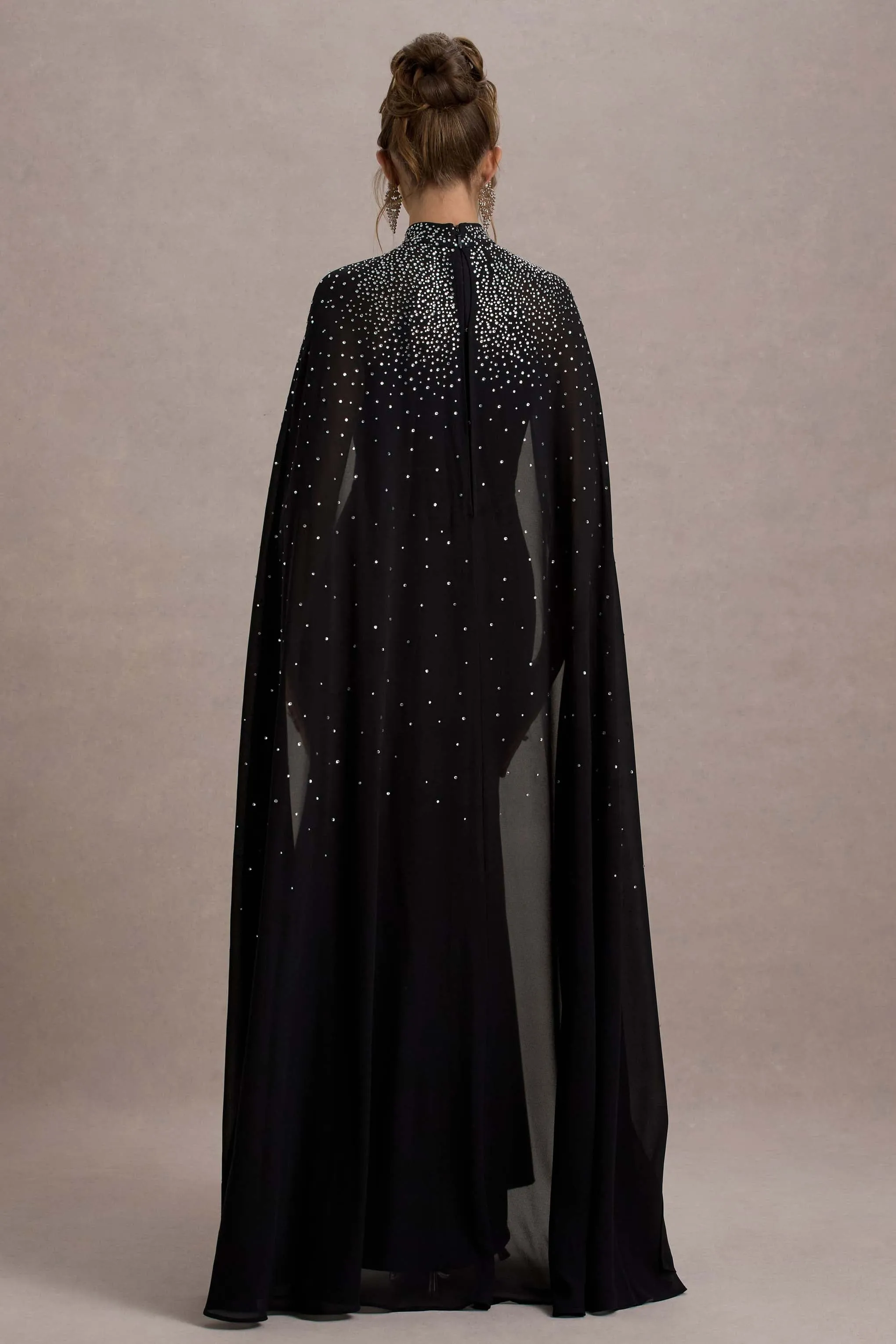 The Shallows | Black Embellished High-Neck Maxi Dress With Chiffon Cape