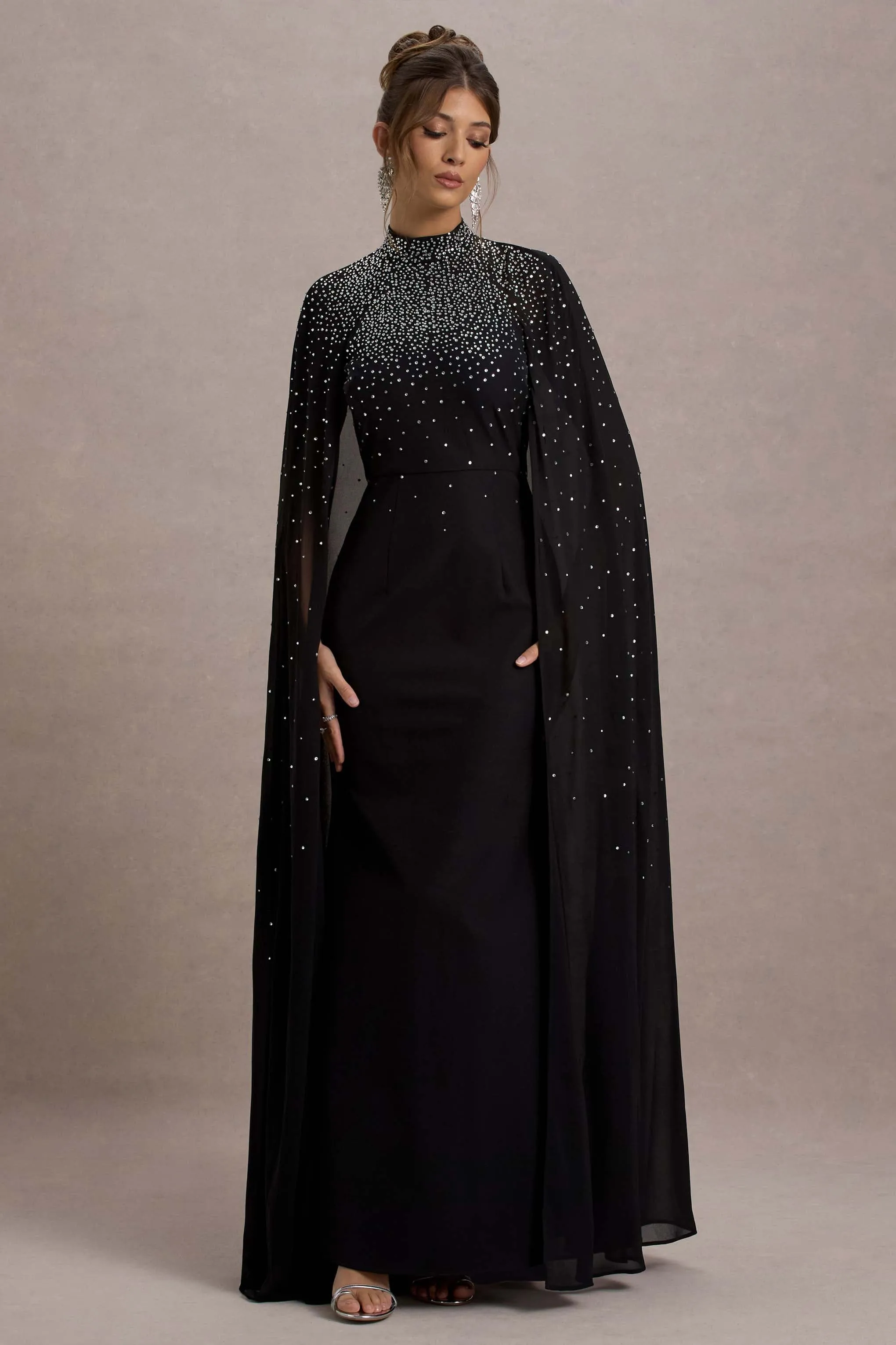 The Shallows | Black Embellished High-Neck Maxi Dress With Chiffon Cape