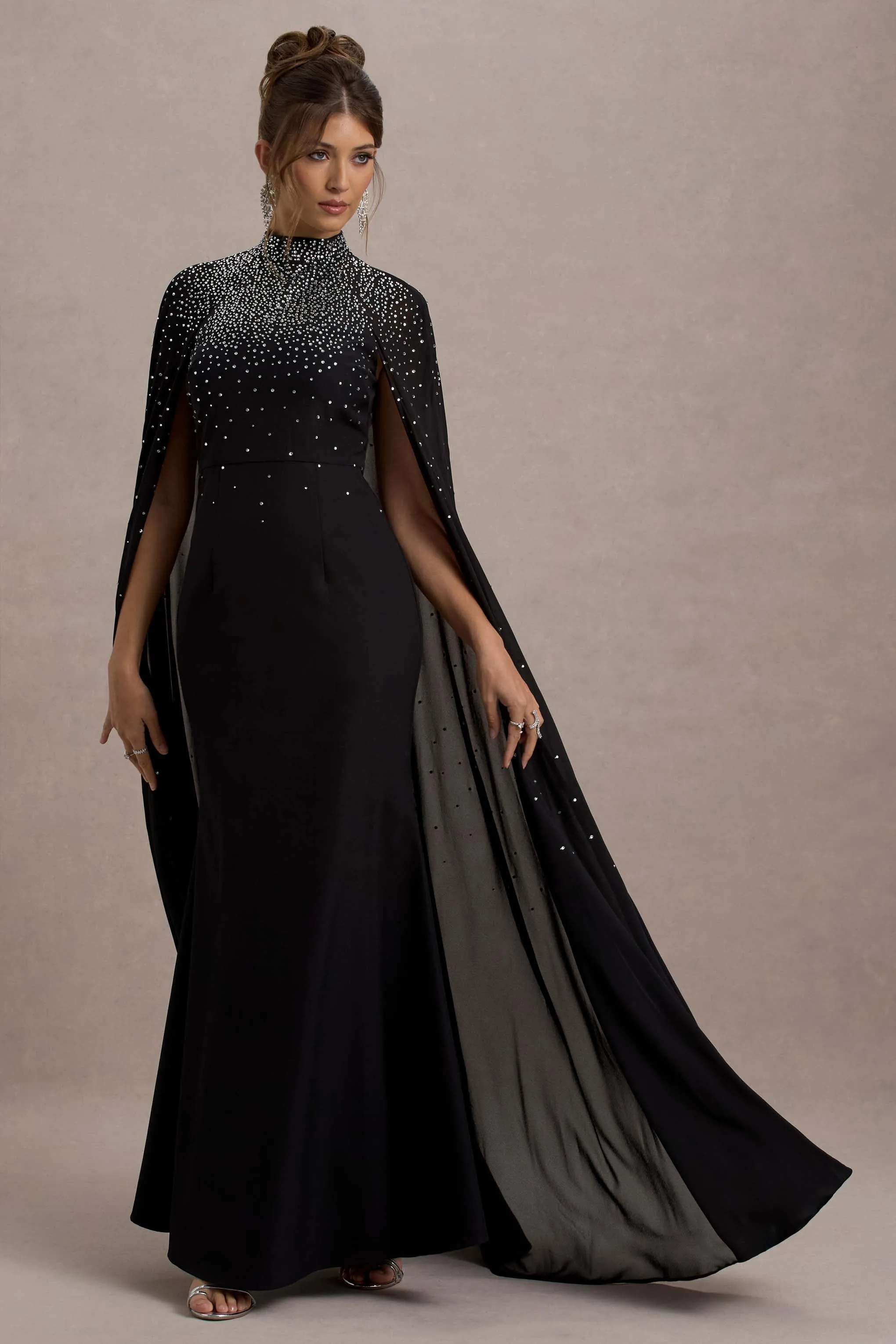 The Shallows | Black Embellished High-Neck Maxi Dress With Chiffon Cape