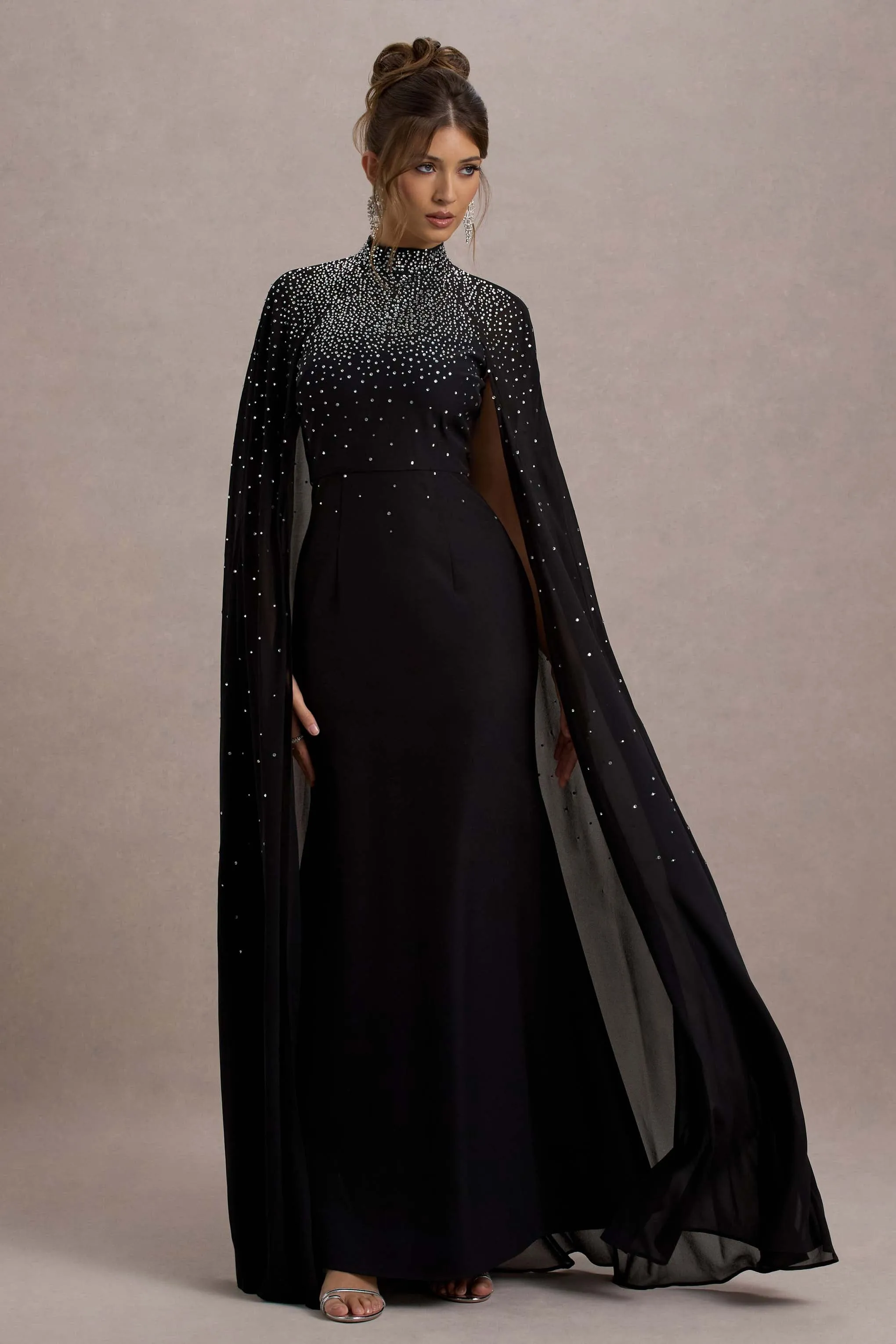 The Shallows | Black Embellished High-Neck Maxi Dress With Chiffon Cape