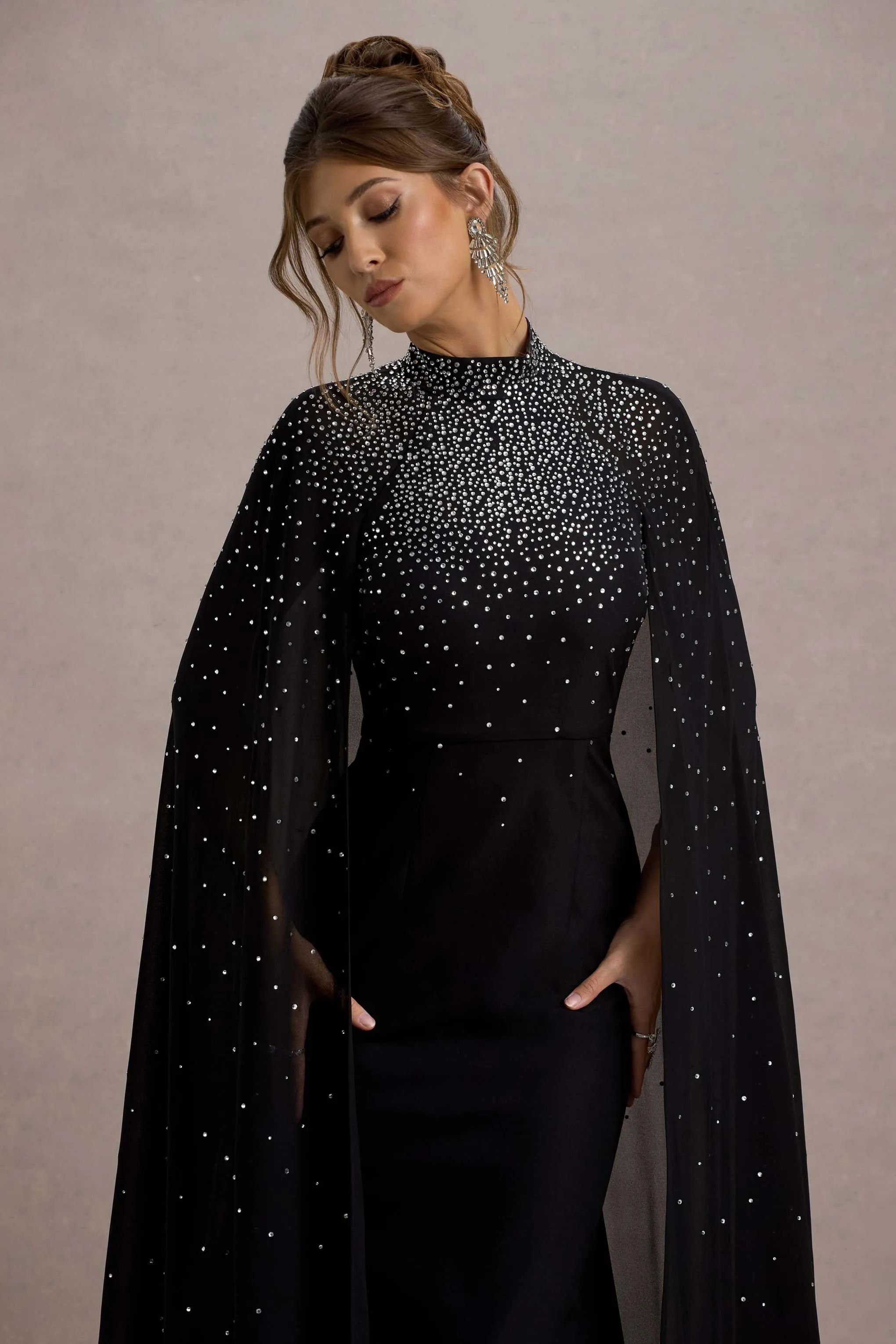 The Shallows | Black Embellished High-Neck Maxi Dress With Chiffon Cape