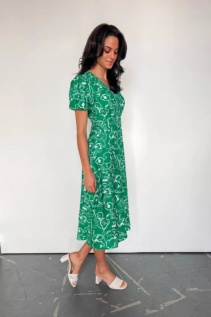 Tiki Time Puff Sleeve Midi Dress