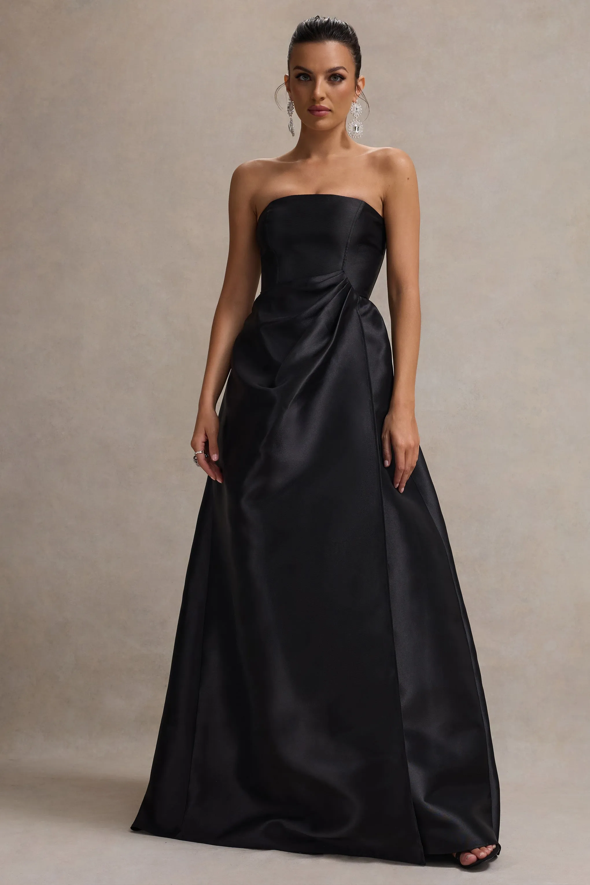 Universe | Black Bandeau Puff-Skirt Split Maxi Dress