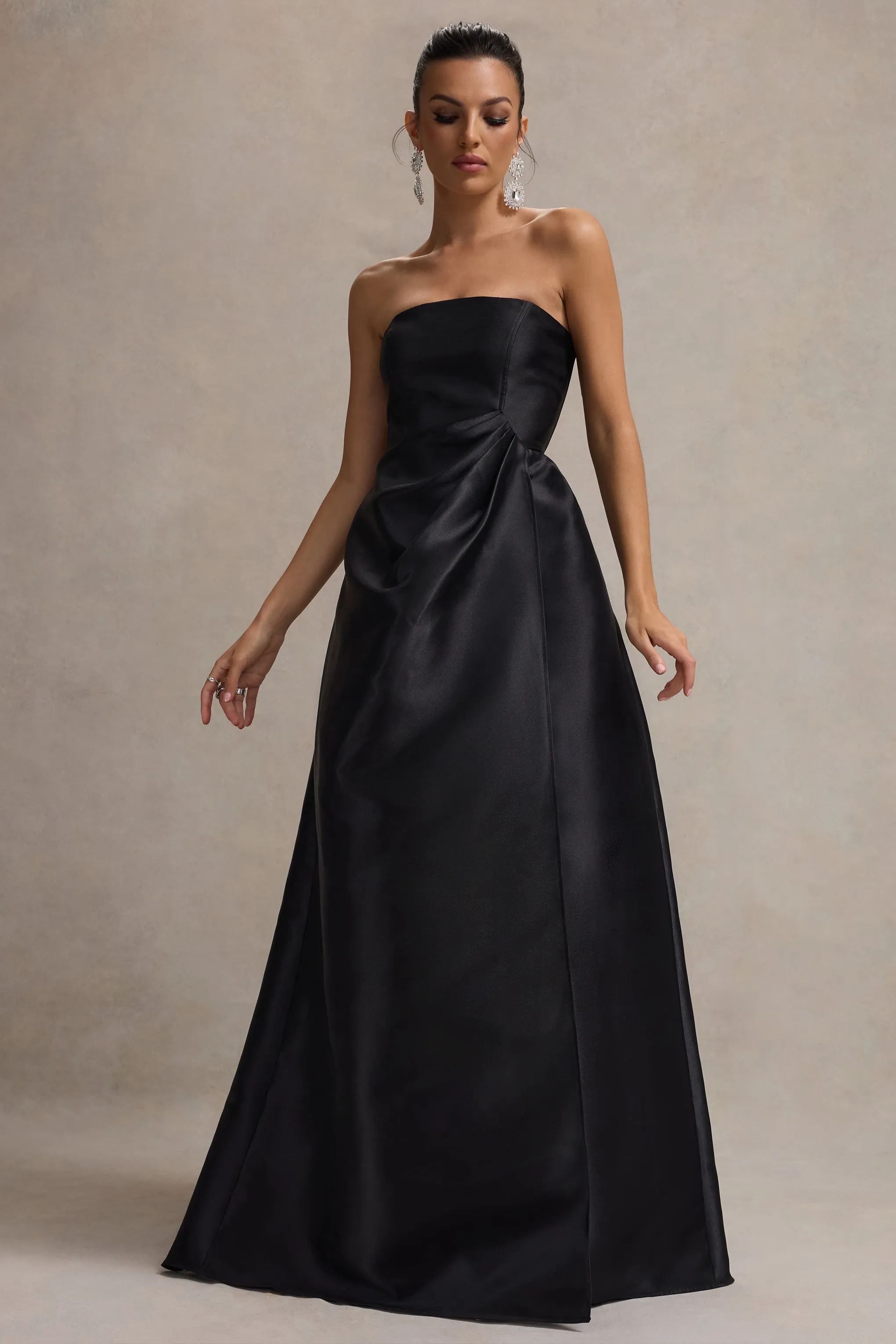 Universe | Black Bandeau Puff-Skirt Split Maxi Dress