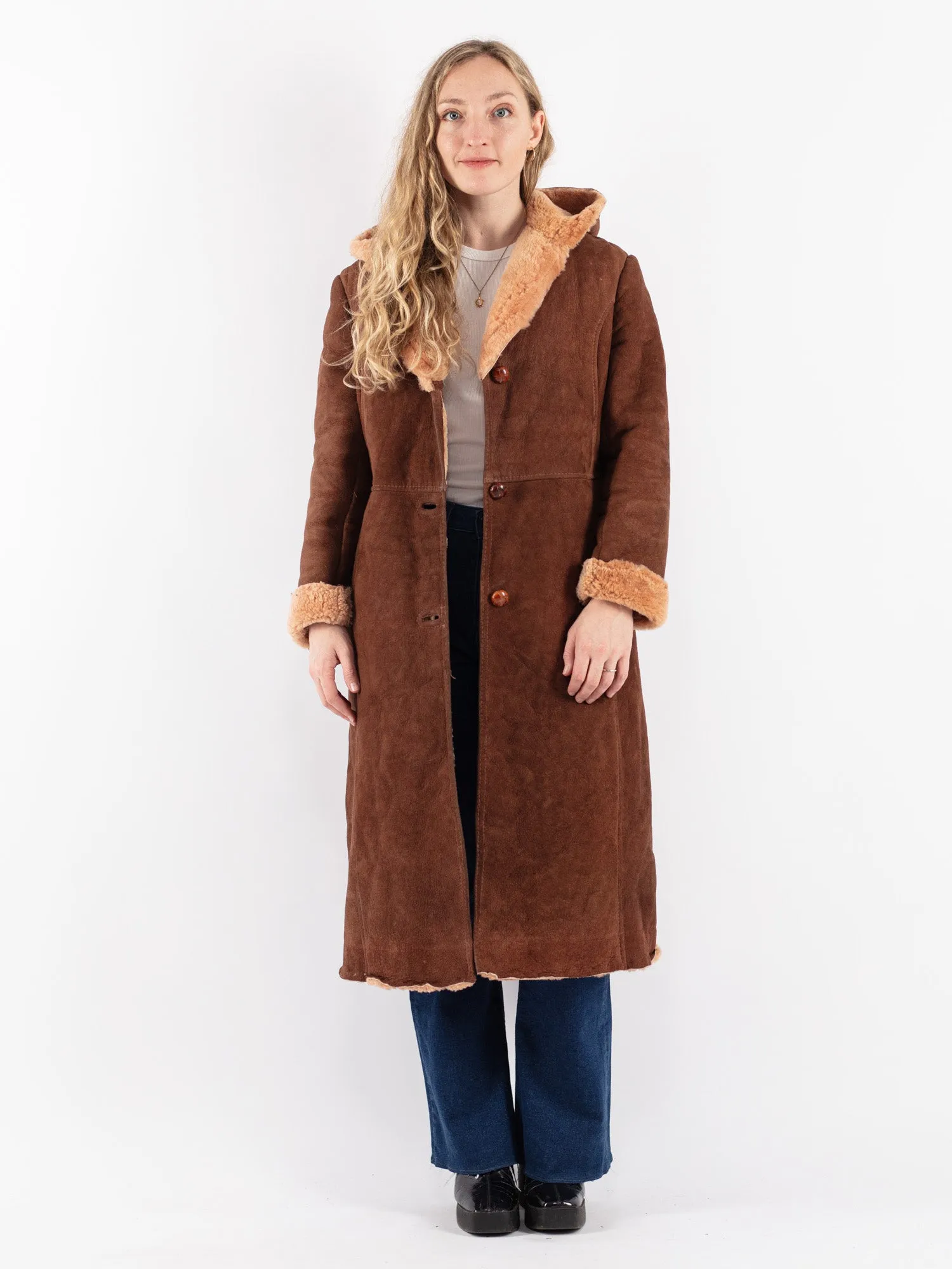 Vintage 70's Women Hooded Sheepskin Coat in Brown