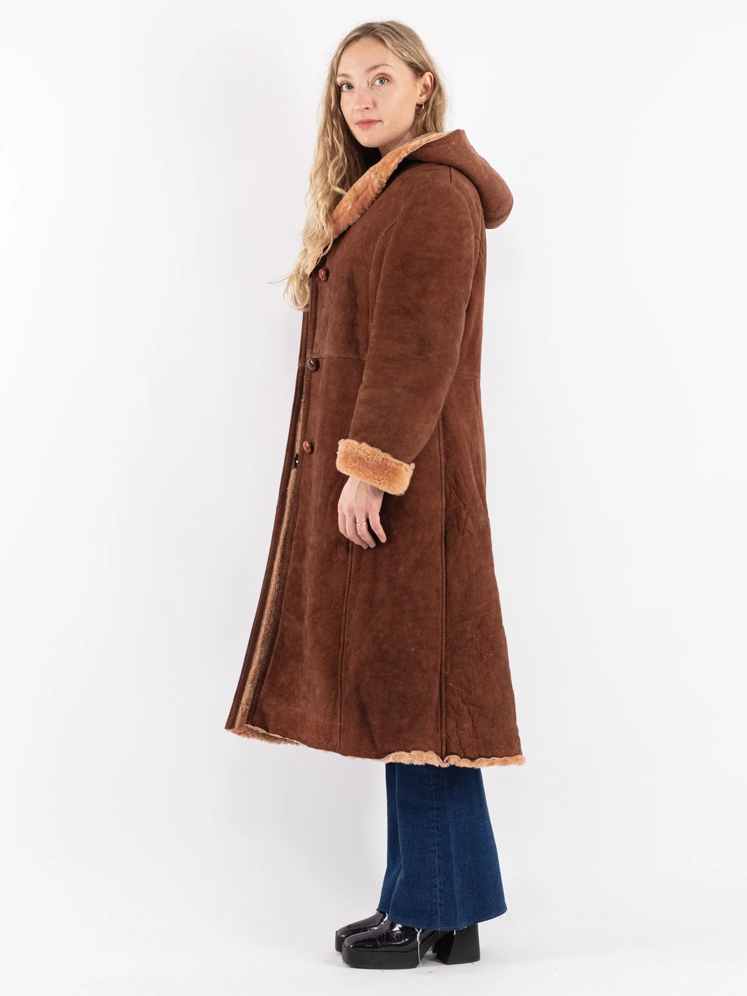 Vintage 70's Women Hooded Sheepskin Coat in Brown