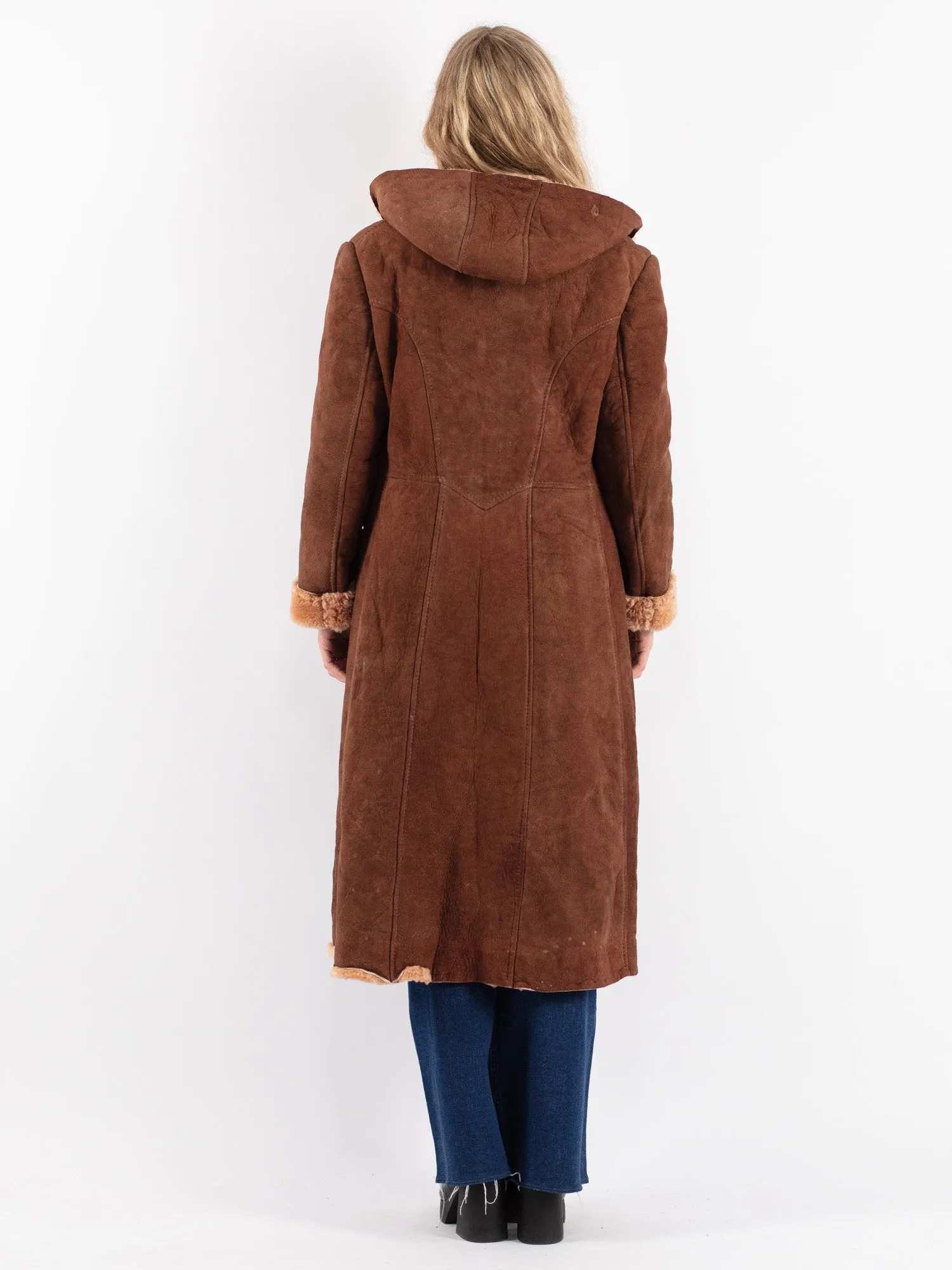 Vintage 70's Women Hooded Sheepskin Coat in Brown